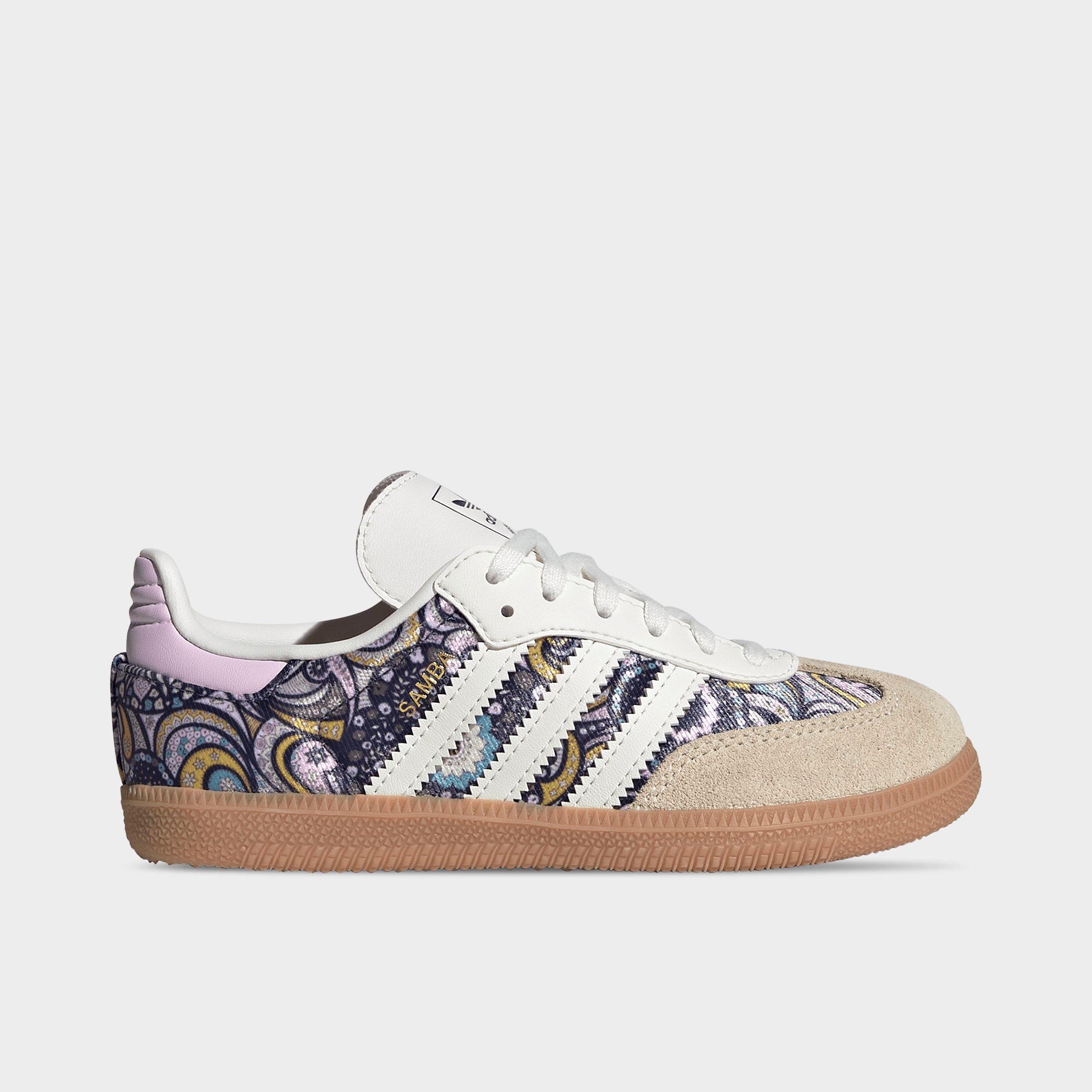 adidas Girls Little Kids Originals x Liberty London Samba OG Casual Shoes in Core White/Orchid Fusion/Gum Size: 1.0