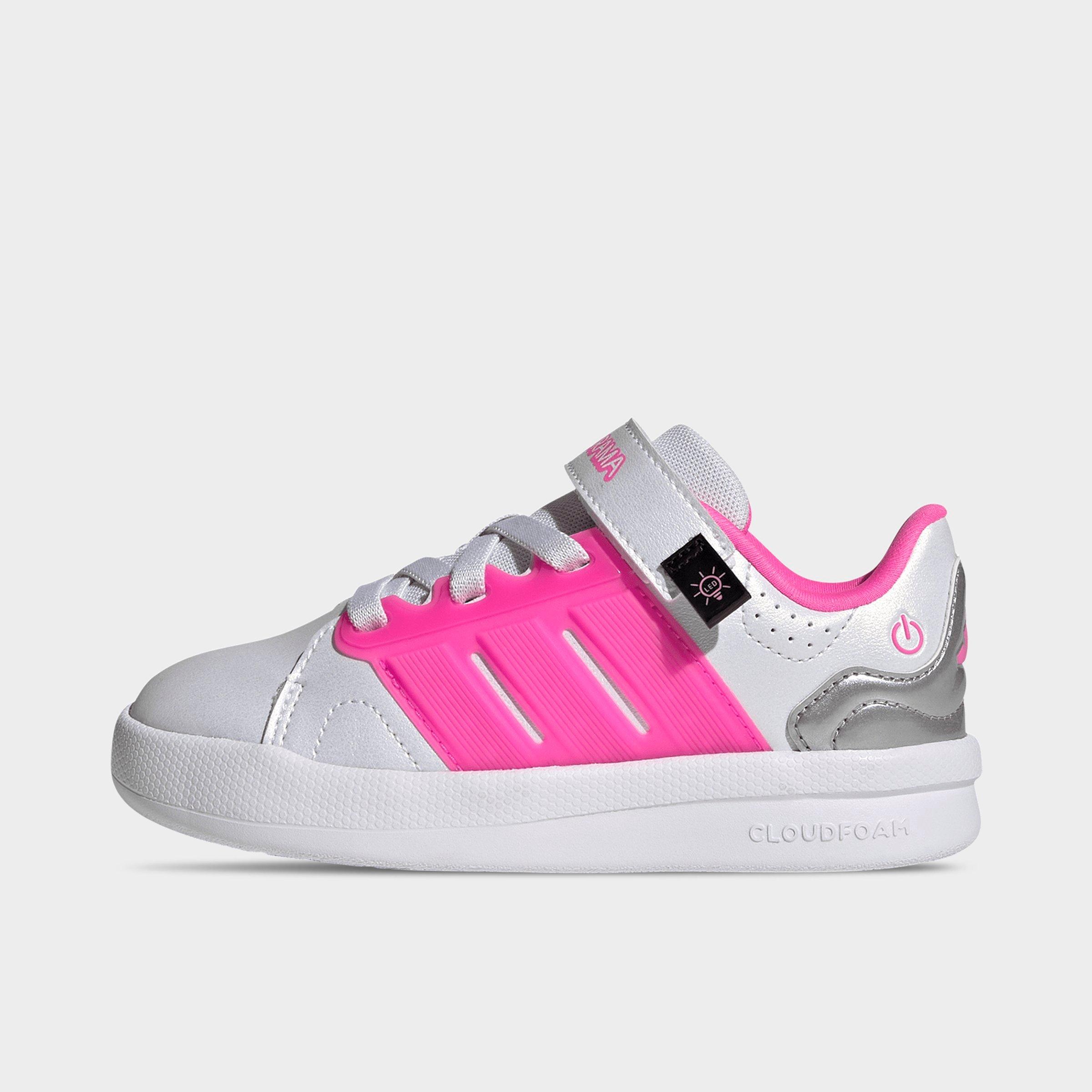 adidas Girls Little Kids Lightorama Court Stretch Lace Hook-And-Loop Casual Shoes in White/Lucid Pink/Silver Metallic Size: 1.5