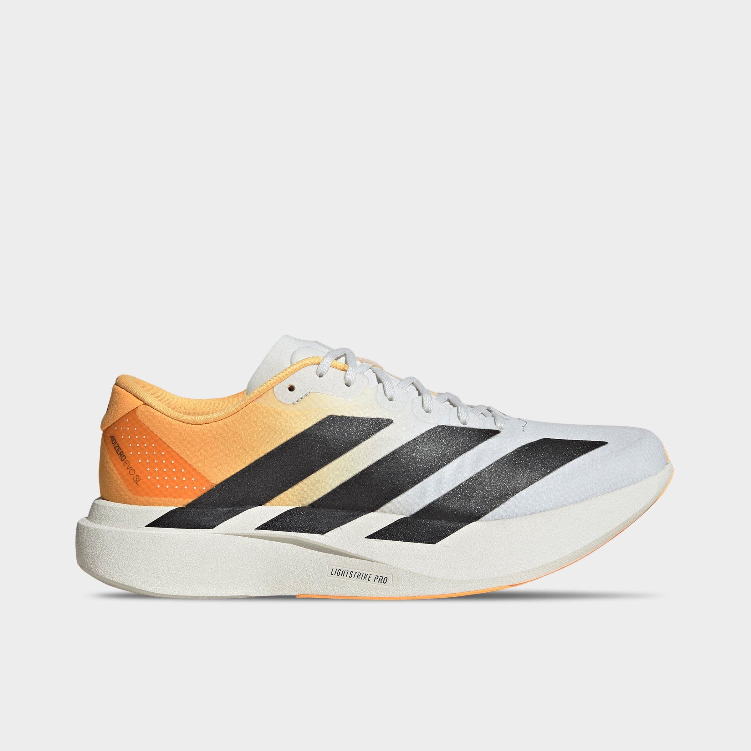 adidas Mens Adizero EVO SL Woven Running Shoes in Crystal White/Lucid Tangerine/Iron Metallic Size: 8.5