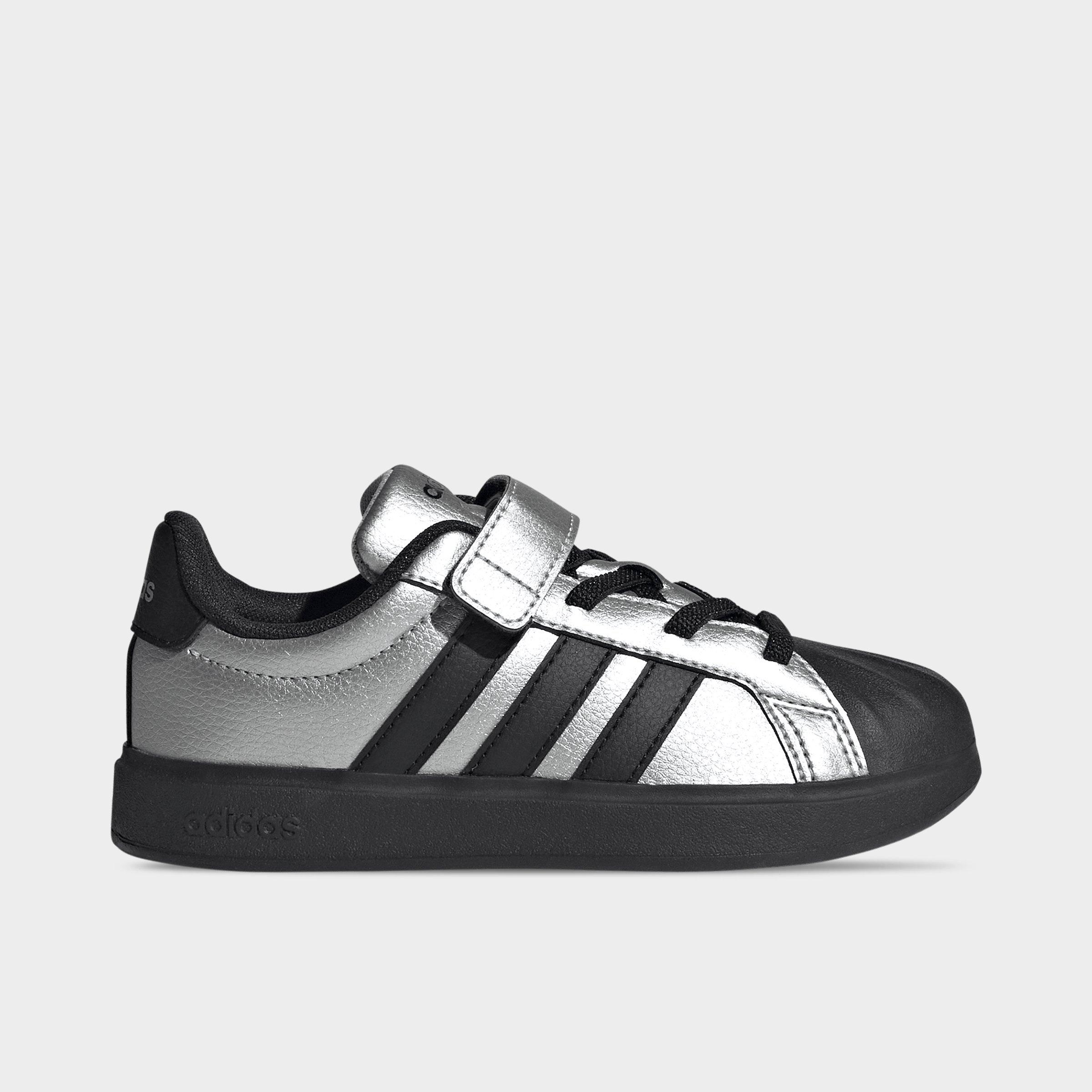 adidas Little Kids Streettalk Stretch Lace Hook-And-Loop Casual Shoes in Silver Metallic/Core Black/Silver Metallic Size: 2.0