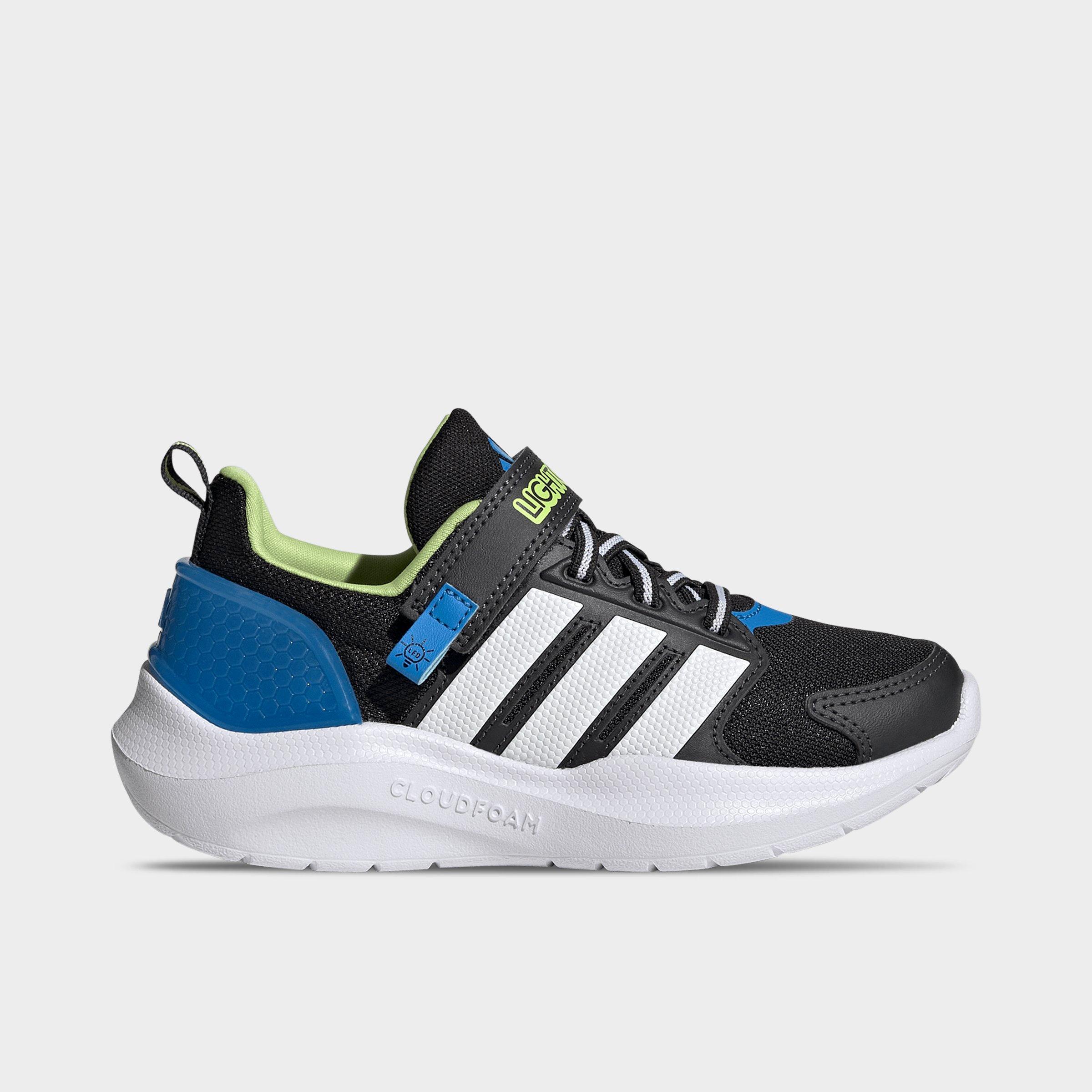adidas Little Kids Lightorama Runner Hook-And-Loop Stretch Lace Casual Shoes in Core Black/White/Lucid Ray Blue Size: 1.0