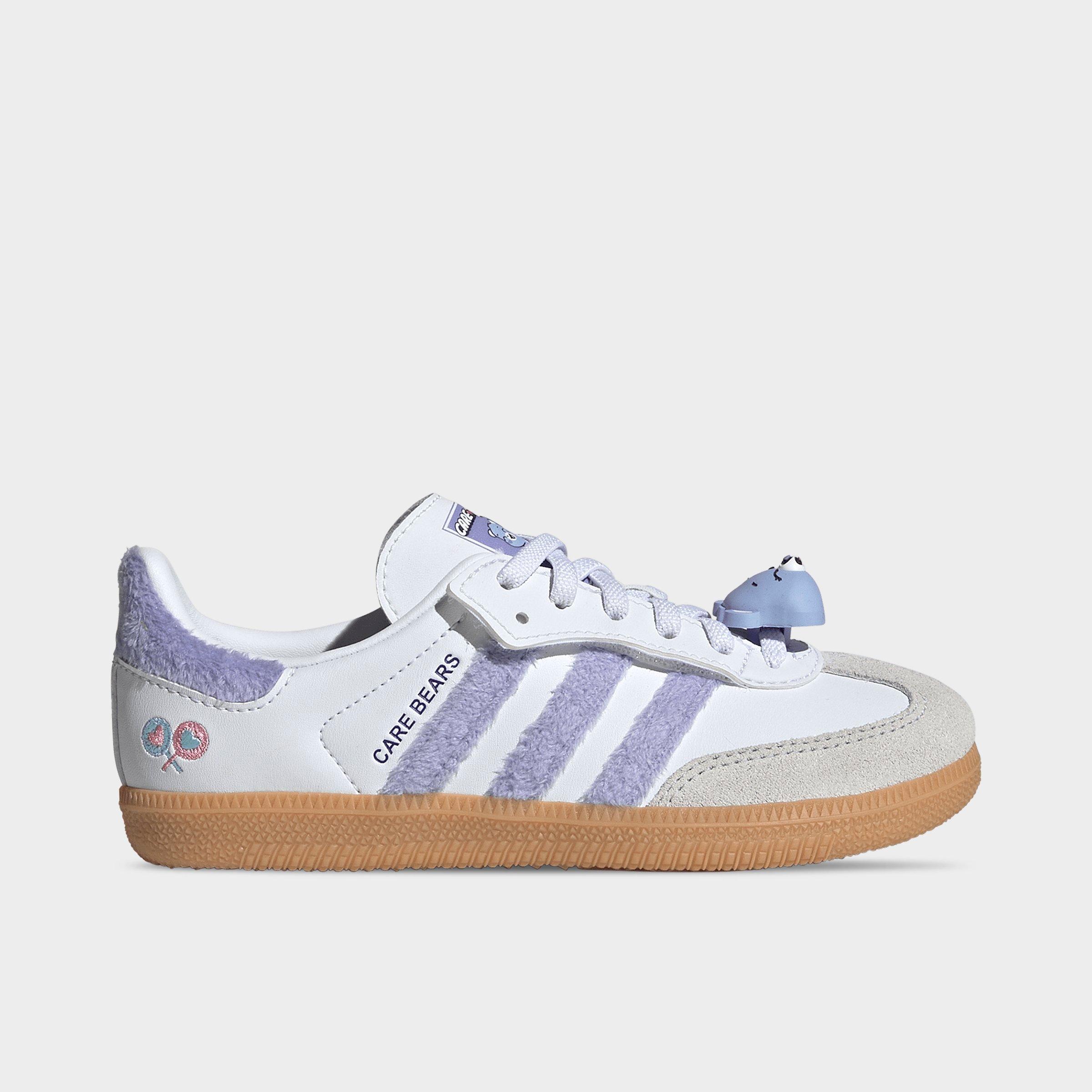 adidas Girls Little Kids Originals x Care Bears Samba OG Comfort Closure Stretch Lace Casual Shoes in Light Purple/Cloud White/Blue Dawn Size: 2.0