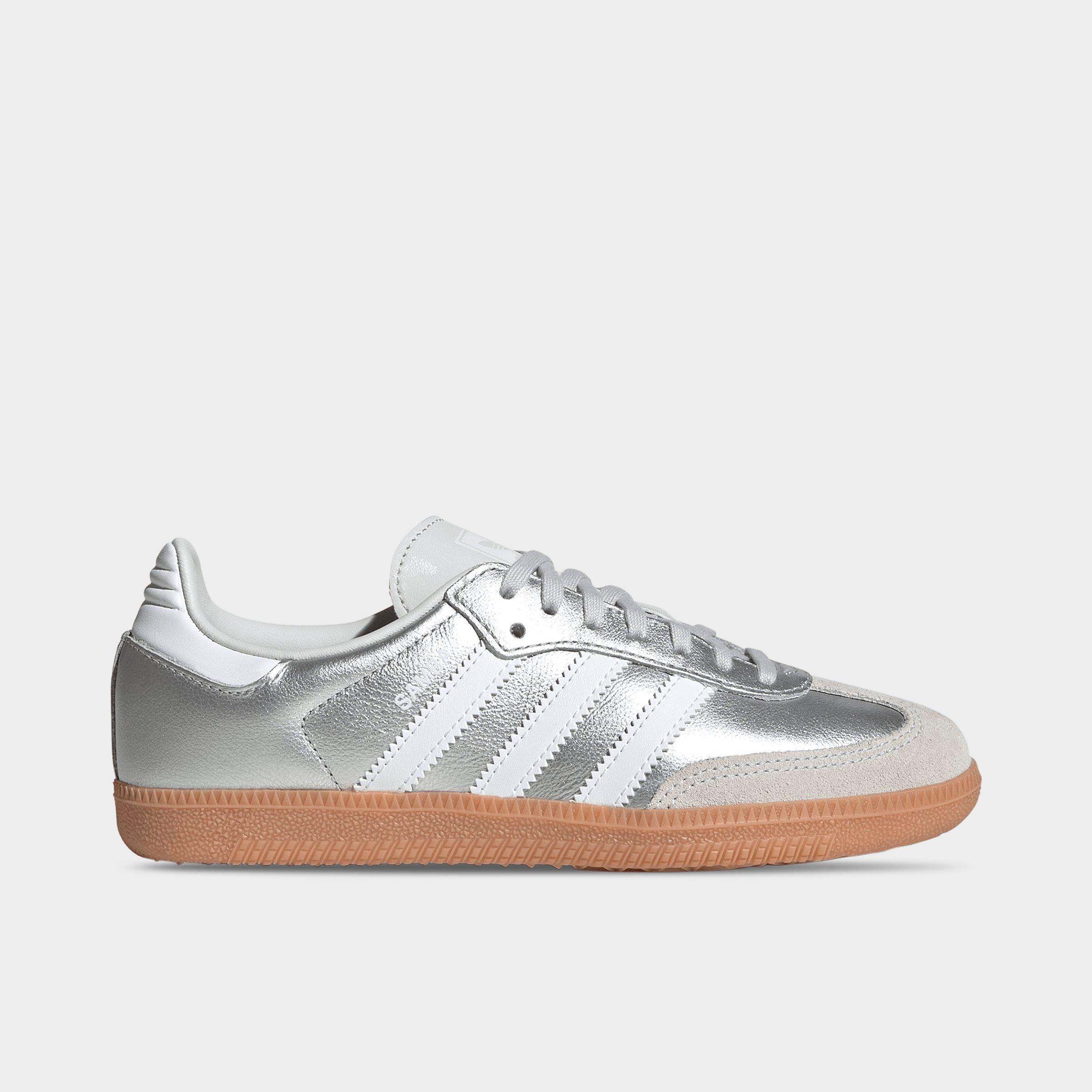 adidas Big Kids Originals Samba OG Casual Shoes in Silver Metallic/White/Gum Size: 3.5