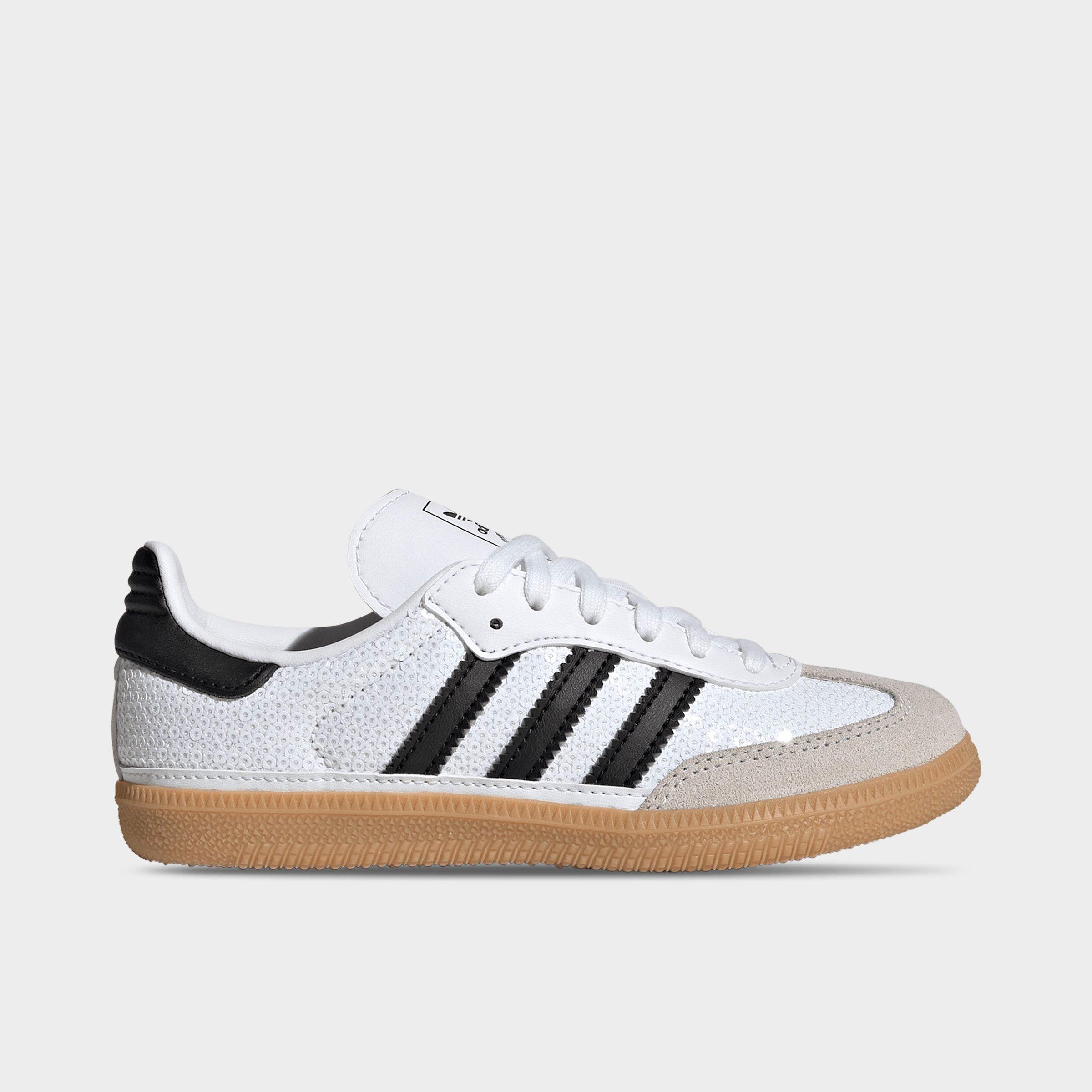 adidas Girls Little Kids Samba OG Sequin Casual Shoes in Footwear White/Core Black/Grey One Size: 11.0
