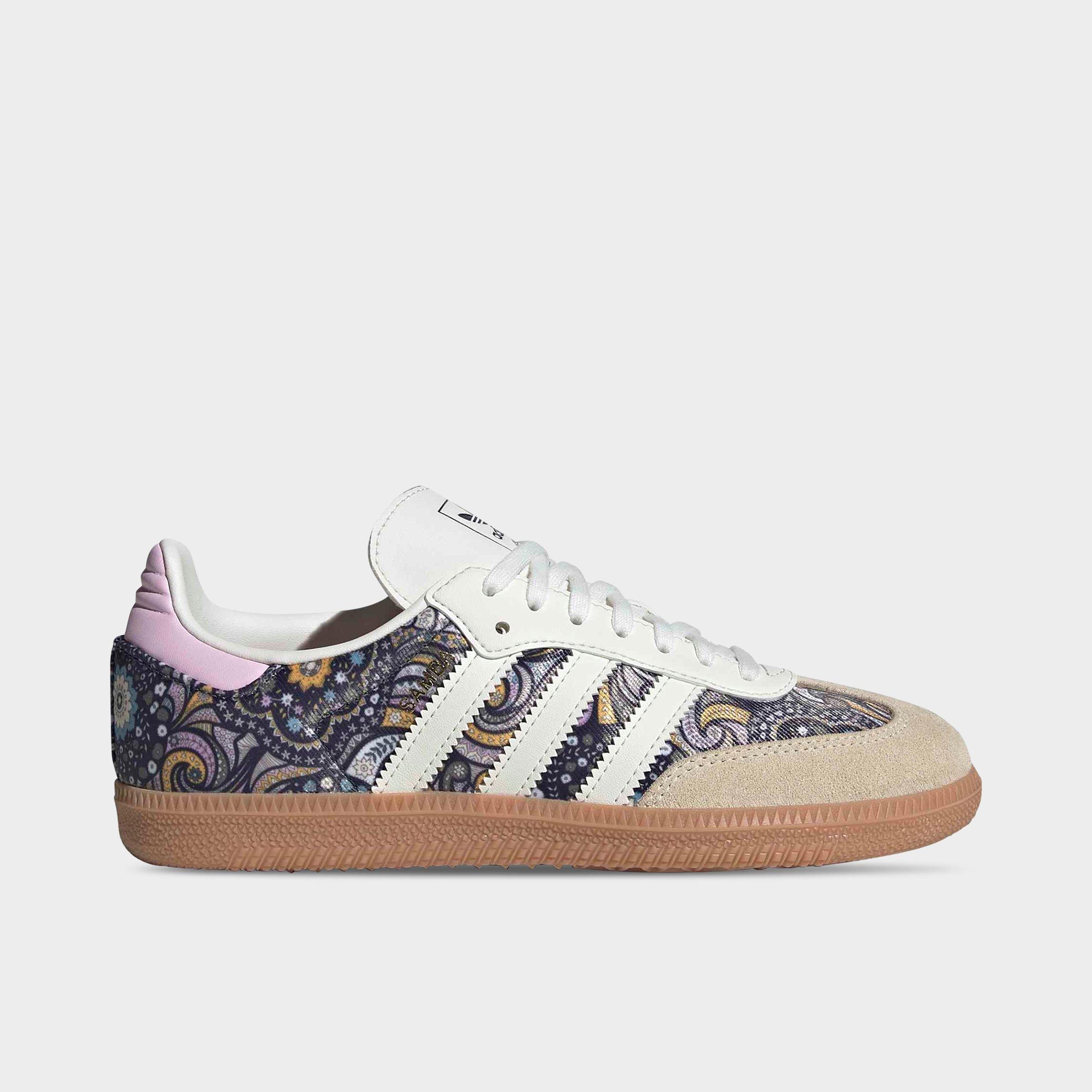 adidas Big Kids Originals x Liberty London Samba OG Casual Shoes in Core White/Orchid Fusion/Gum Size: 6.5