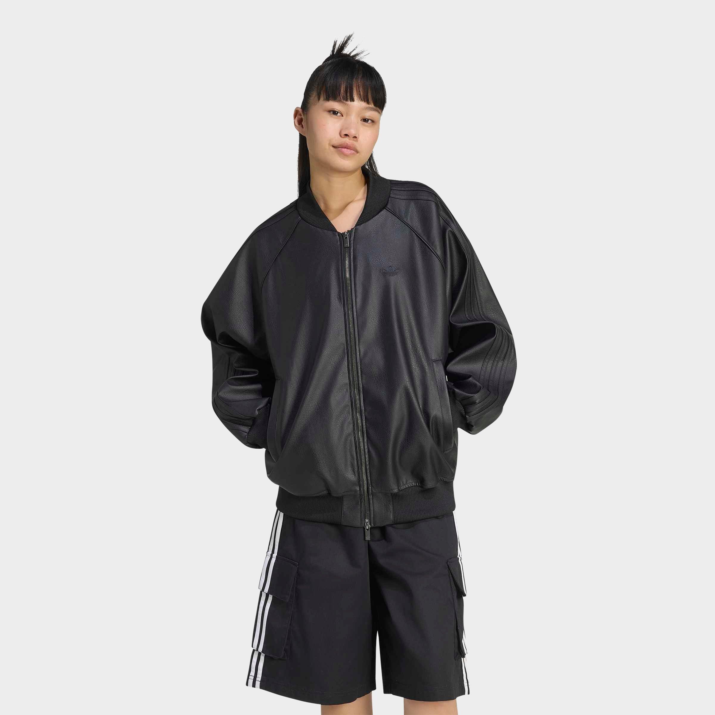 adidas Women's Originals Pleather Superstar Oversized Full-Zip Track Top in Black/Maroon Size: Large