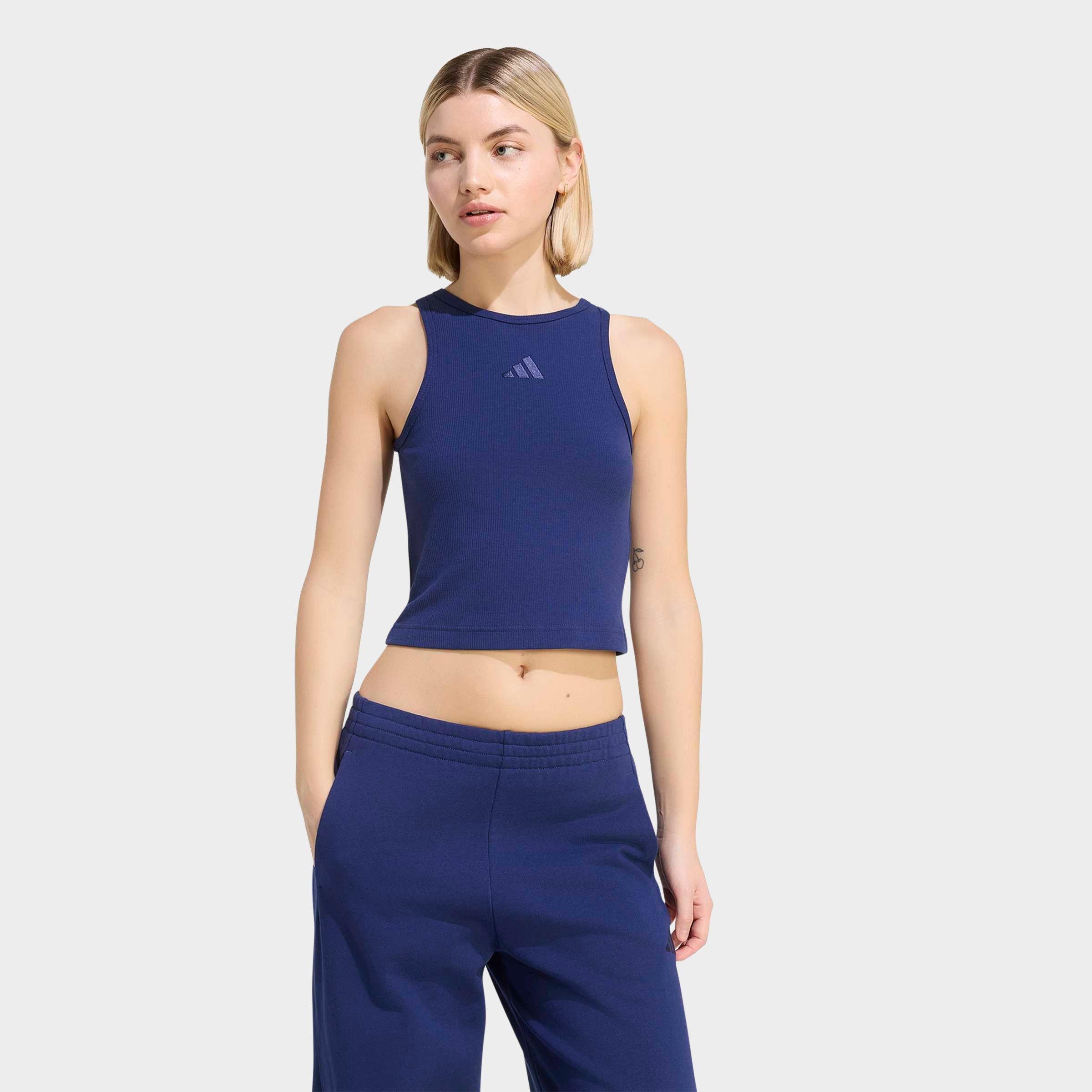 adidas Women's Sportswear Kit Small Logo Rib Tank Top in Dark Blue Size: Medium