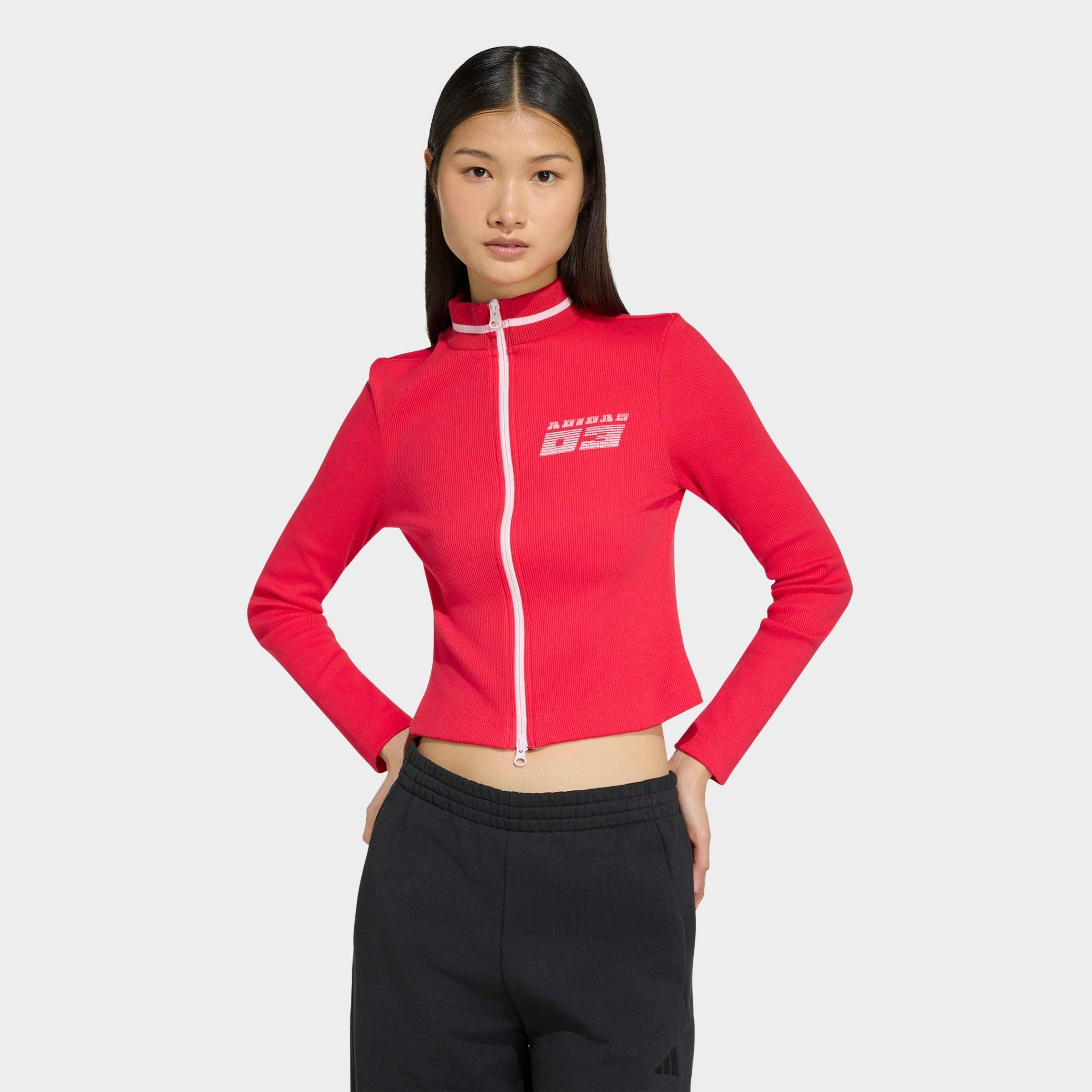 adidas Women's Seasonal Essentials Racing Full-Zip Cardigan in Pure Ruby/Clear Pink Size: 2XS