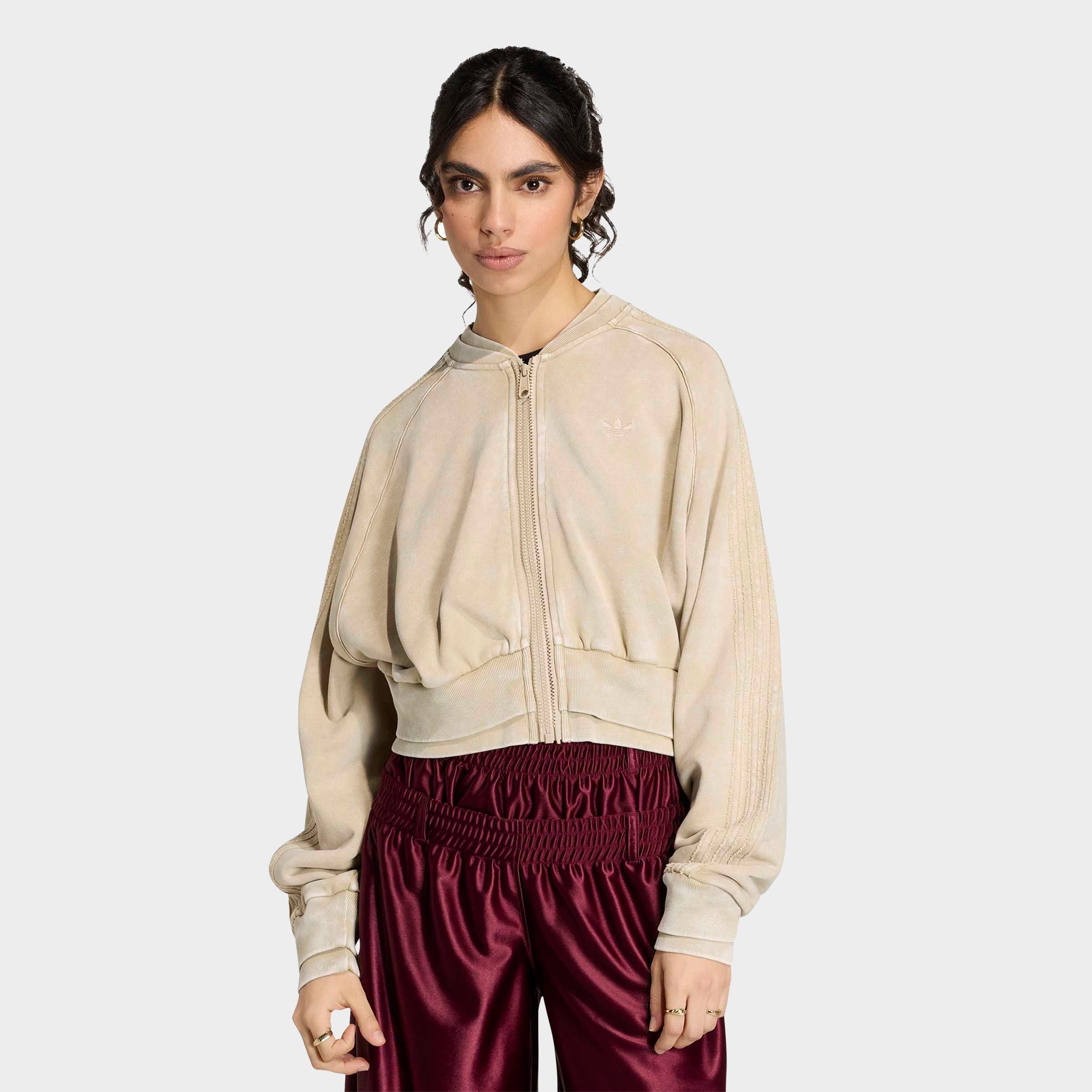adidas Women's Originals Superstar Double Layered Cropped Full-Zip Track Top in Khaki Three Size: Medium