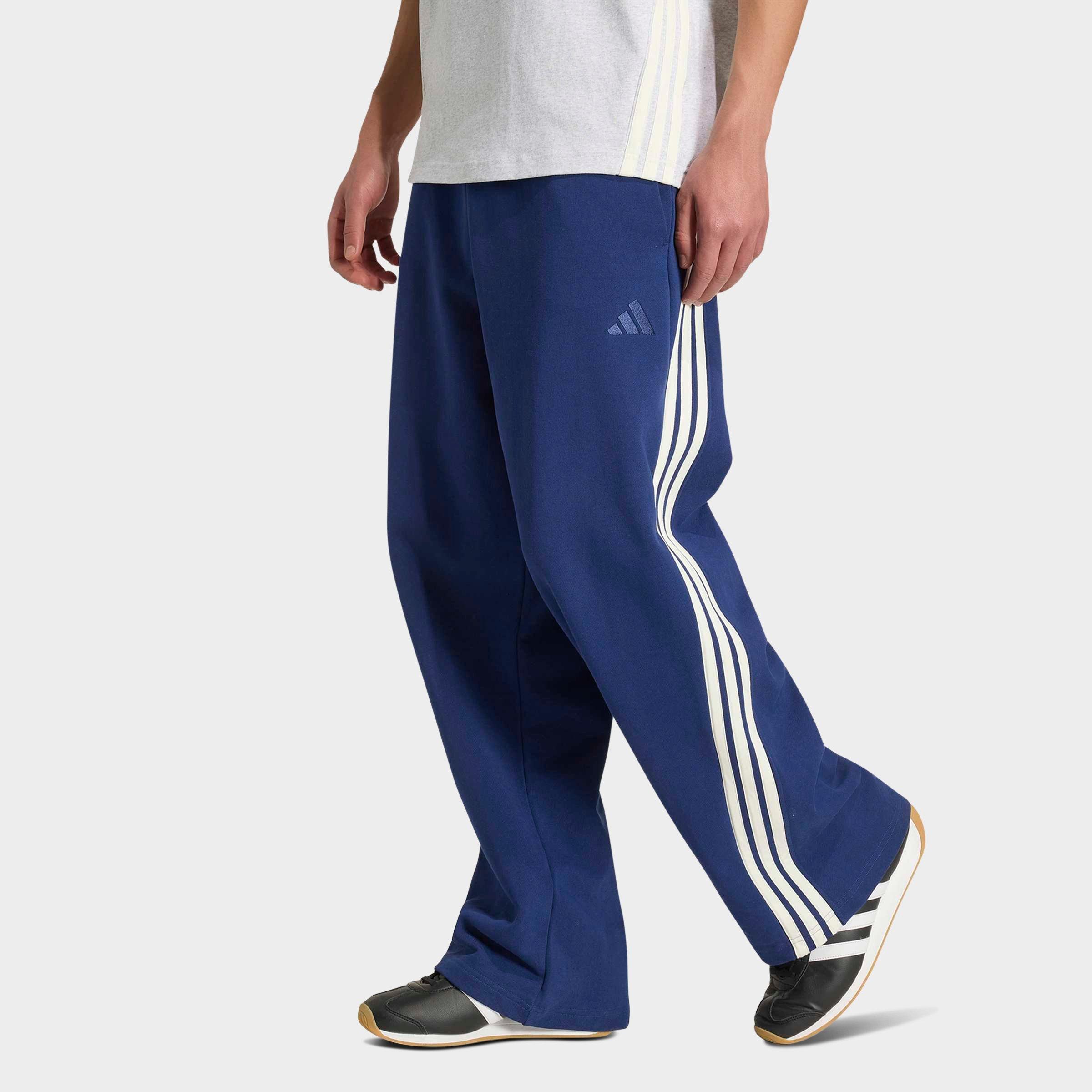 adidas Men's KIT 3-Stripes Wide French Terry Pants in Dark Blue/Off White Size: Large