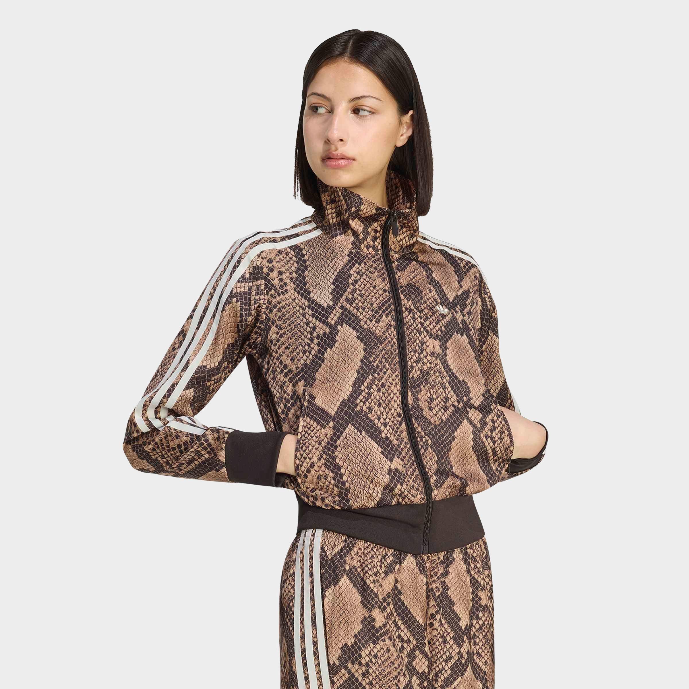 adidas Women's Originals Satin Snake Print Firebird Full-Zip Track Jacket in Linen/Magic Beige Size: 2XS