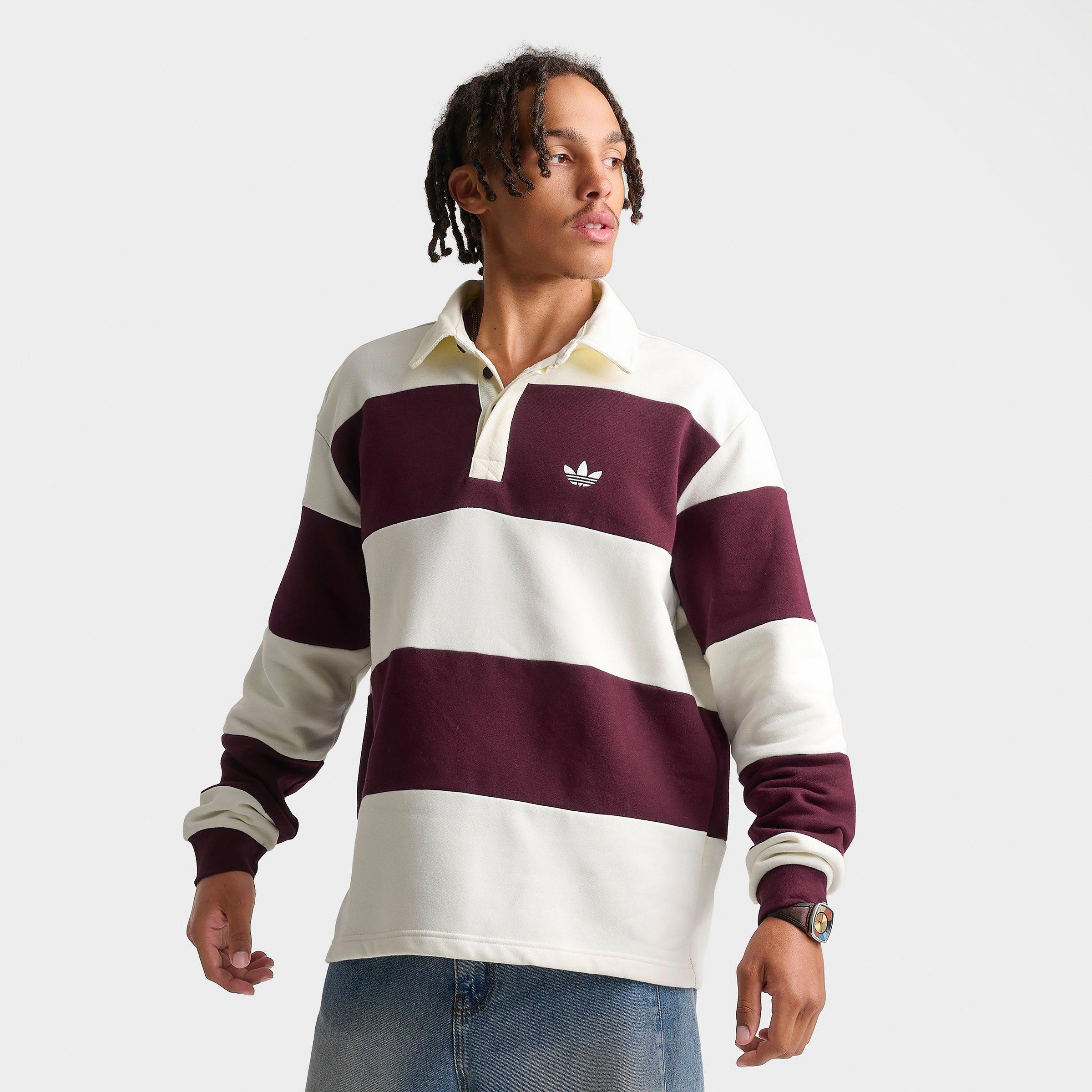 adidas Men's Originals Panel Cut Striped Rugby Shirt in Off White/Maroon Size: Large