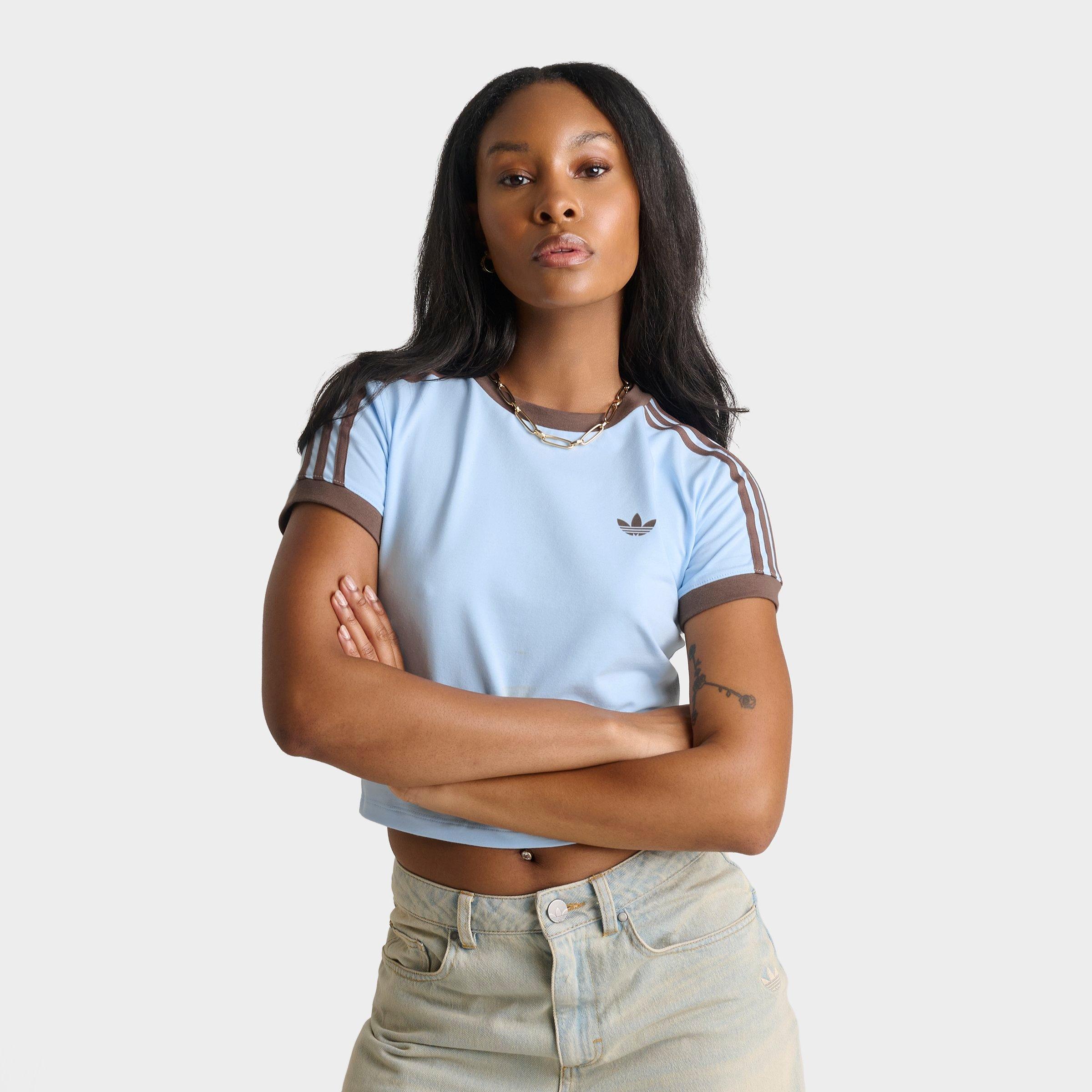 adidas Women's Originals adicolor 3-Stripes Baby T-Shirt in Ice Blue Size: Medium