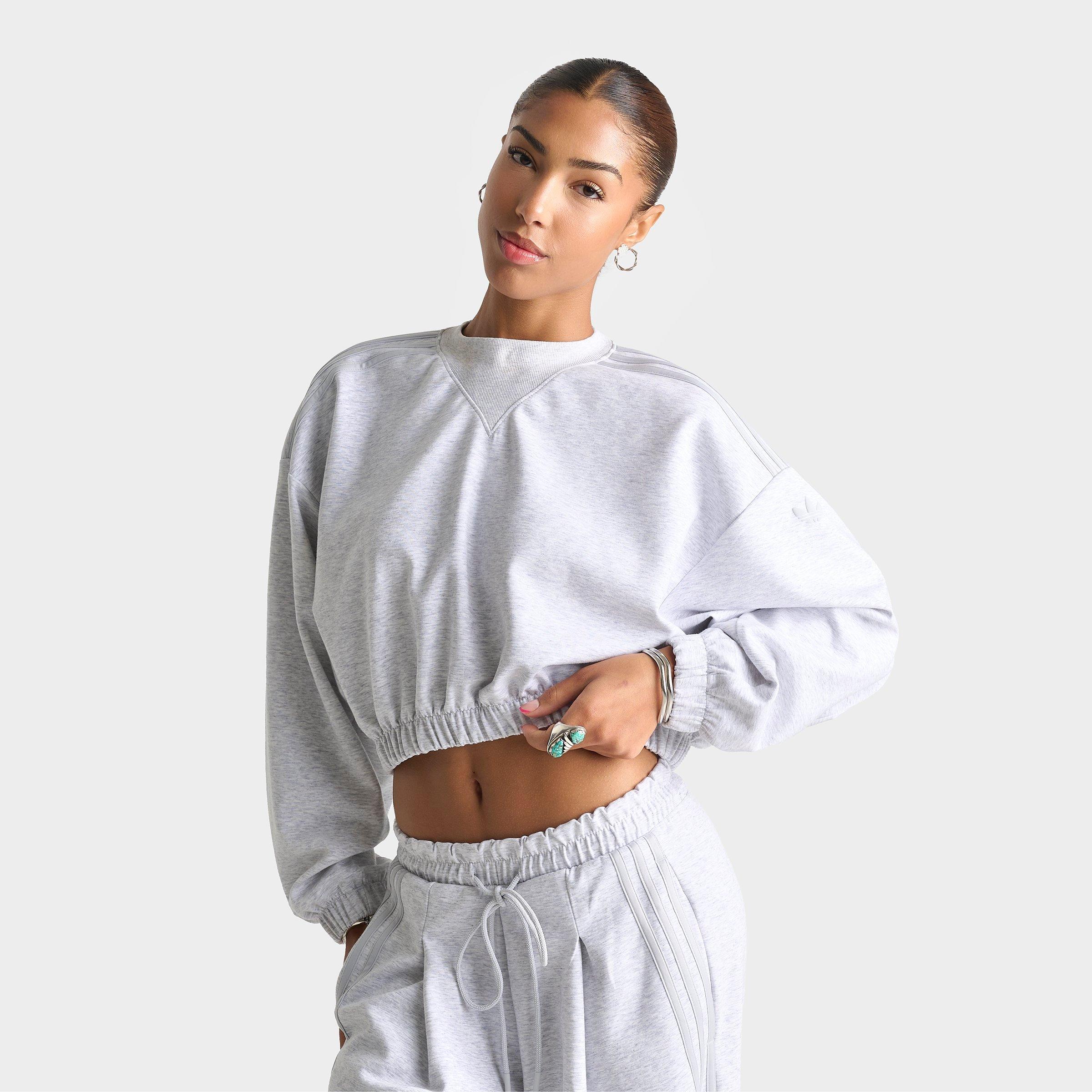 adidas Women's Originals Aura Spacer Oversized Cropped Crewneck Sweatshirt in Light Grey Heather Size: Medium