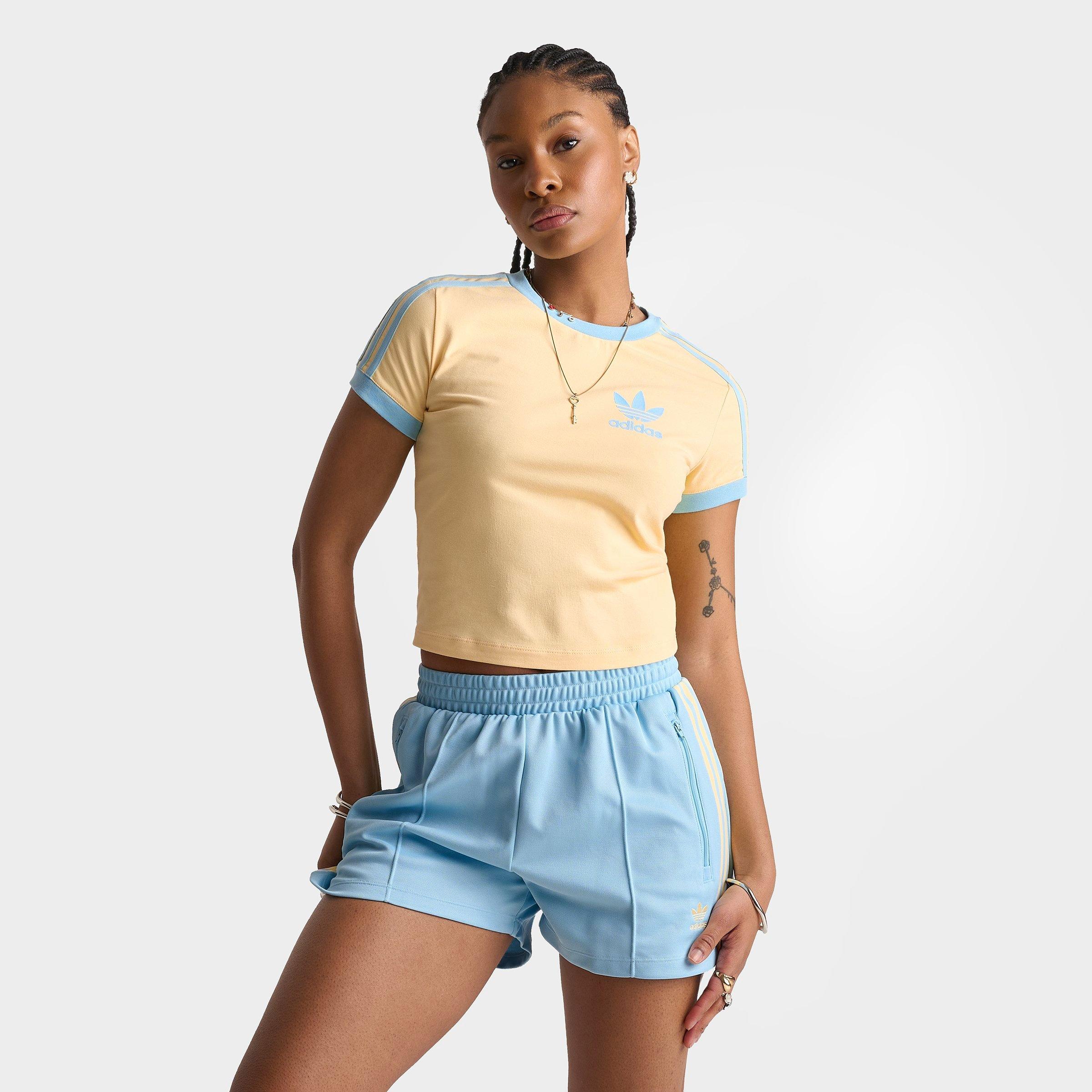 adidas Women's Originals adicolor 3-Stripes Baby T-Shirt in Orange Tint/Icey Blue Size: Large