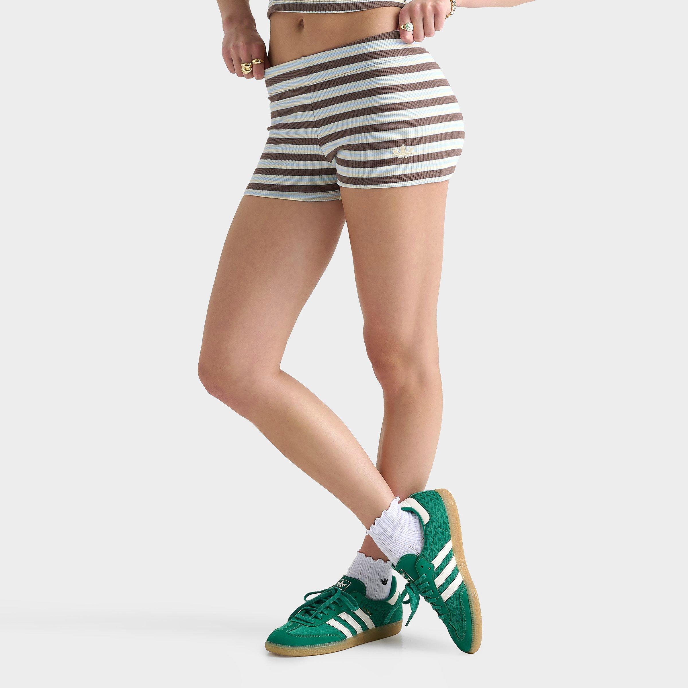 adidas Women's Originals Striped Rib Micro Shorts in Ice Blue/Earth Strata Size: Medium