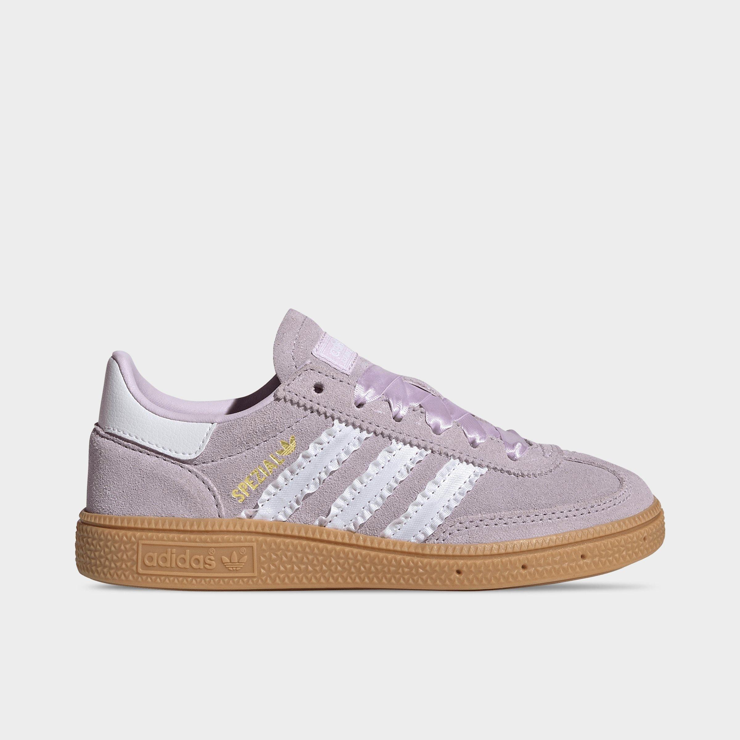 adidas Girls Little Kids Originals Handball Spezial Casual Shoes in Ice Lavender/Cloud White/Gum Size: 1.0