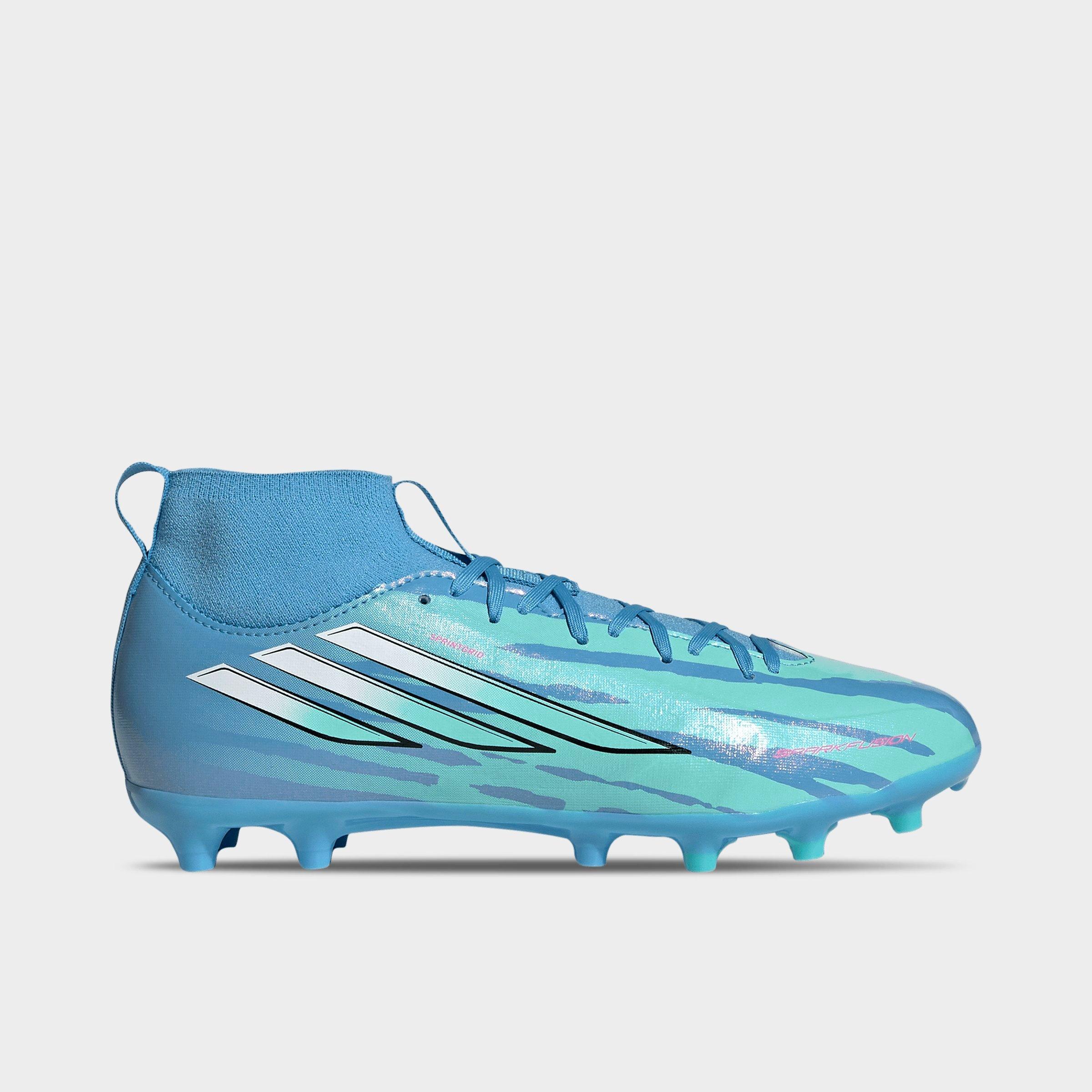 adidas Big Kids F50 Sparkfusion Trinity Rodman League Firm Ground and Artificial Grass Mid Cut Soccer Cleats in Semi Blue Burst/Cloud White/Lucid Pink Size: 2.0