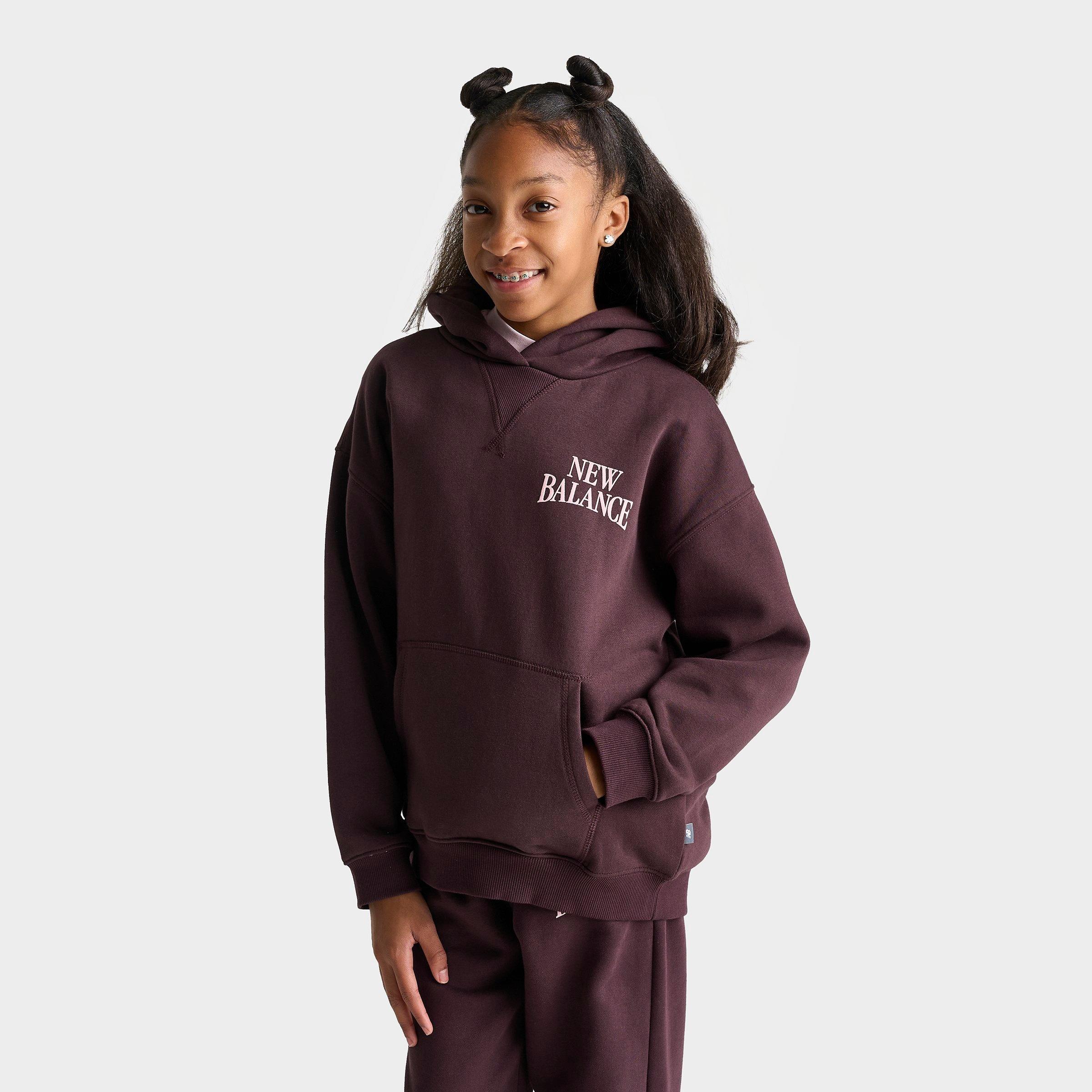 New Balance Girls Big Kids Arch Logo Fleece Oversized Pullover Hoodie