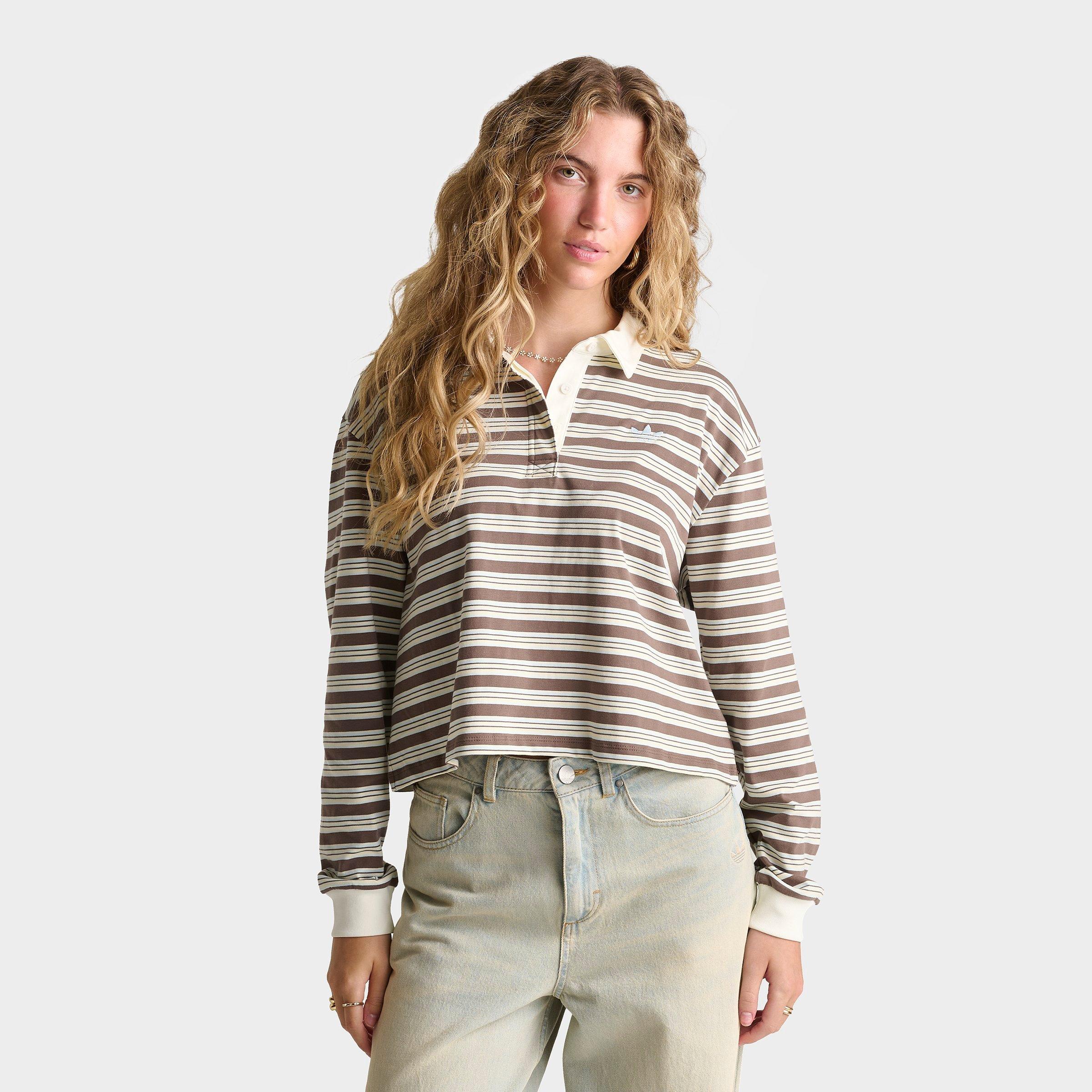 adidas Women's Originals Striped OVZD Long-Sleeve Polo T-Shirt in Earth Strata/Ice Blue Size: XL