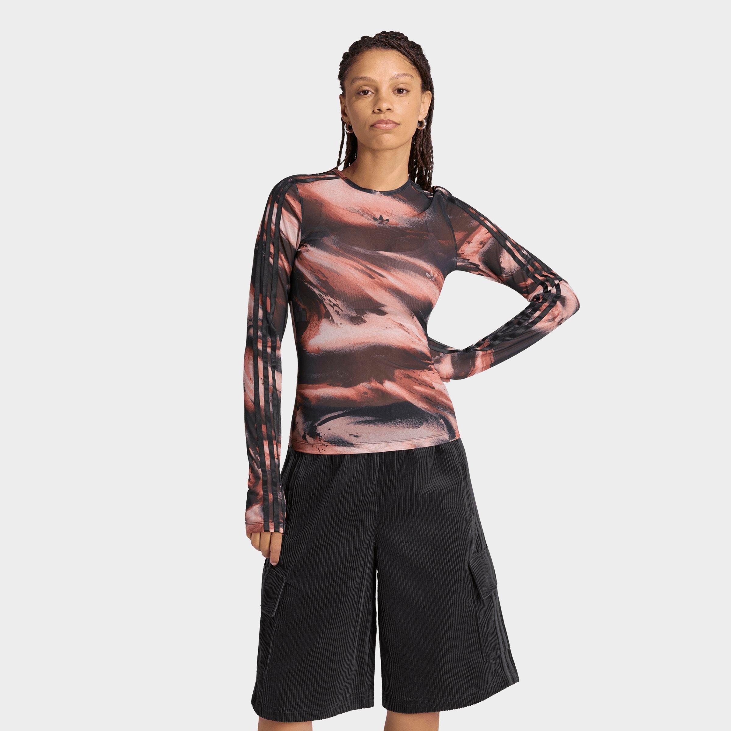 adidas Women's Originals Graphic Mesh Long-Sleeve T-Shirt in Vermillion/Crystal Linen/Aurora Coffee Size: Small