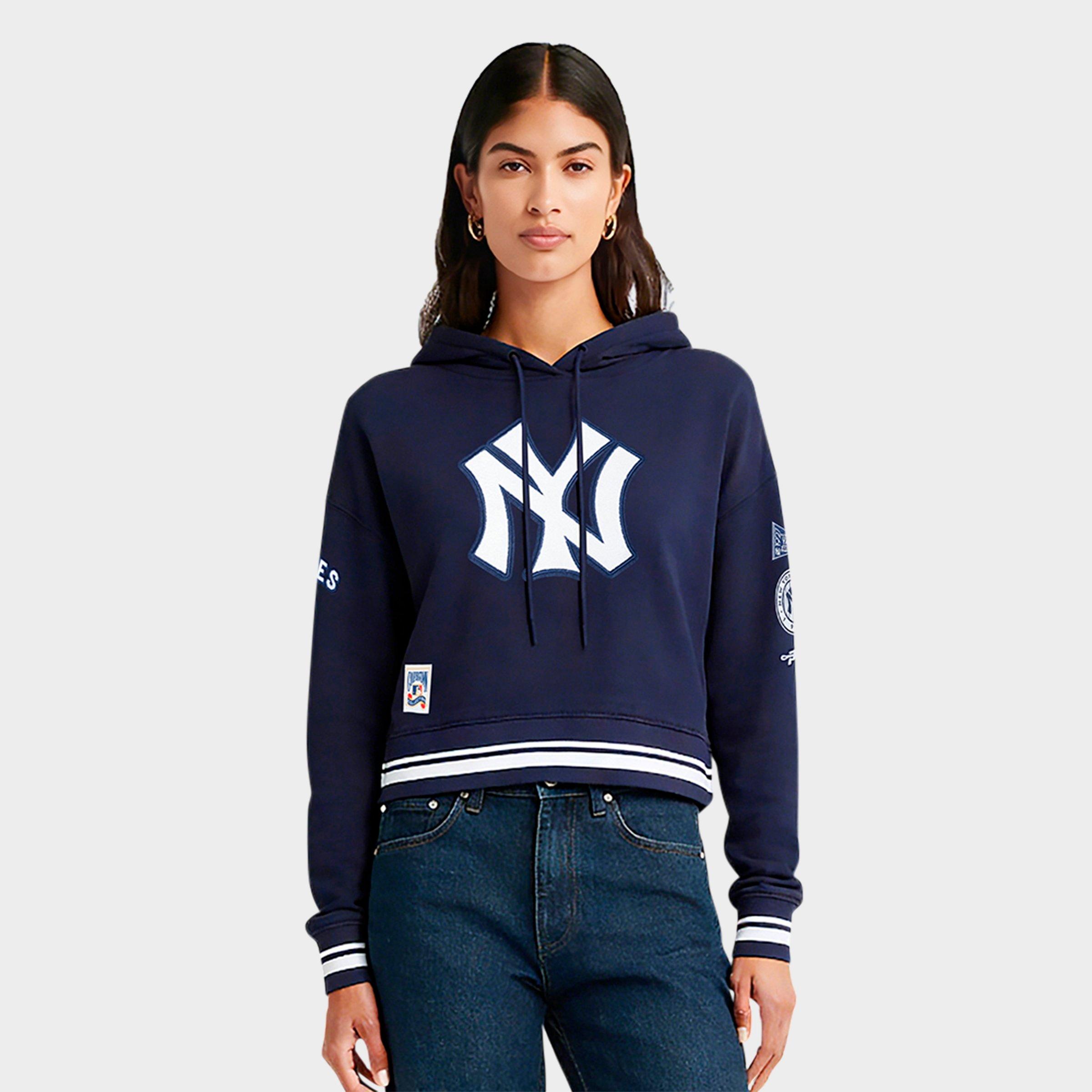 Pro Standard Women's New York Yankees MLB Retro Classic Fleece Cropped Pullover Hoodie in Midnight Navy Size: Large