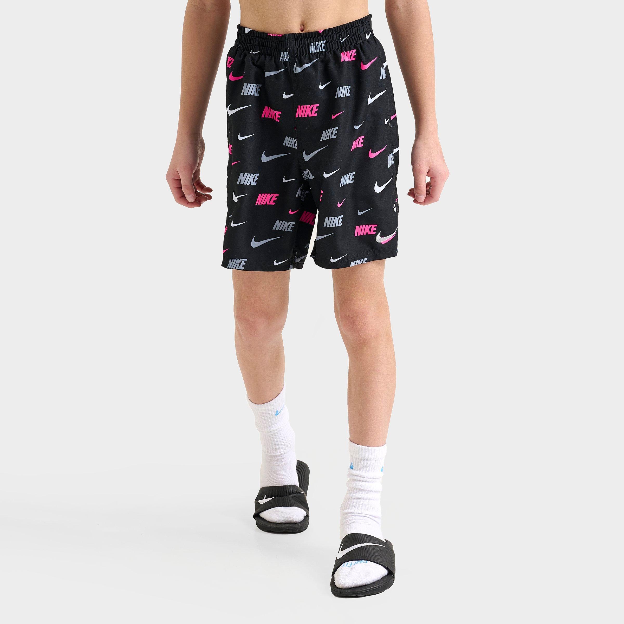 Nike Kids Swoosh Allover Print Swim Shorts in Black/White/Pink Size: Small