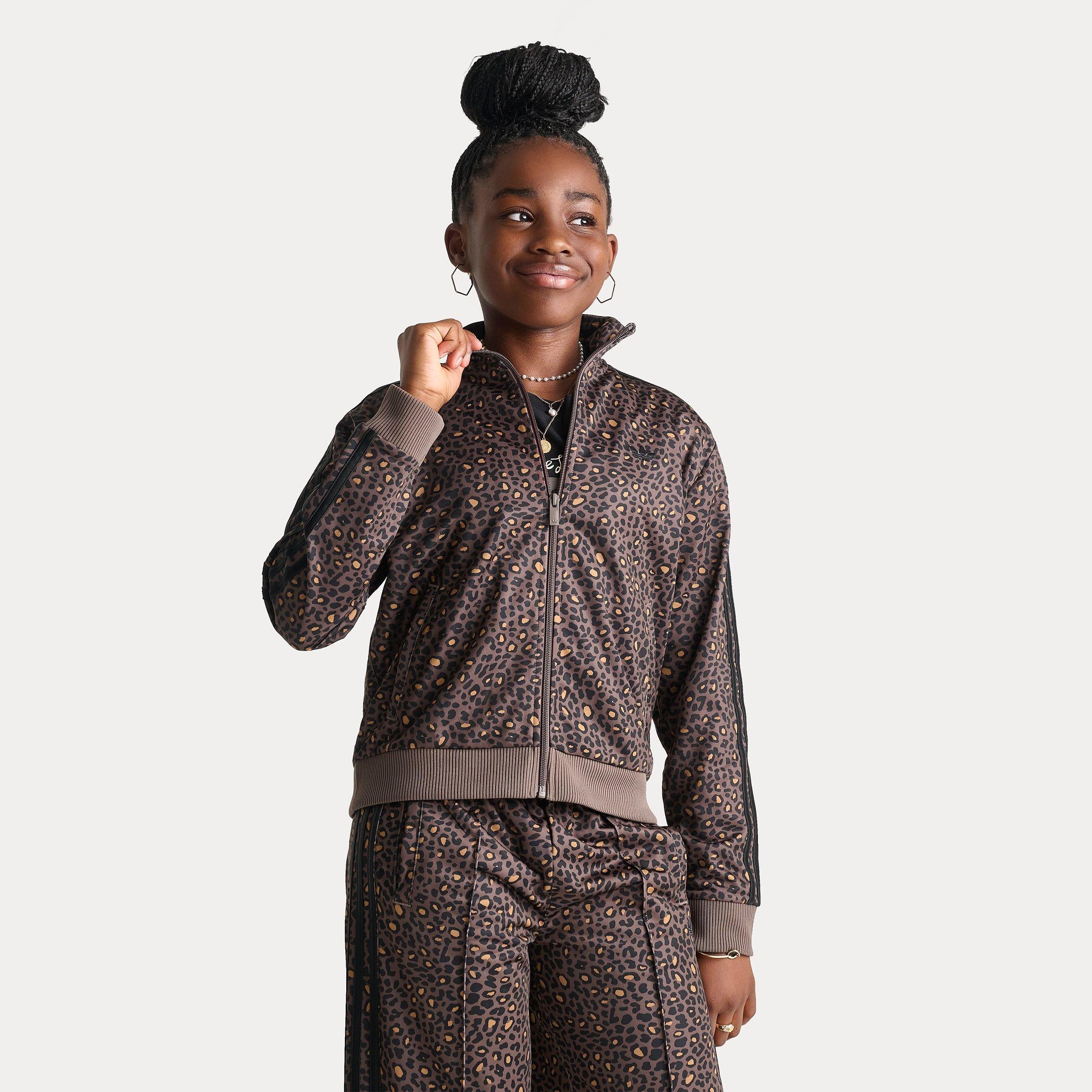 adidas Girls Big Kids Originals Leopard Firebird Track Jacket in Earth Strata Size: Small
