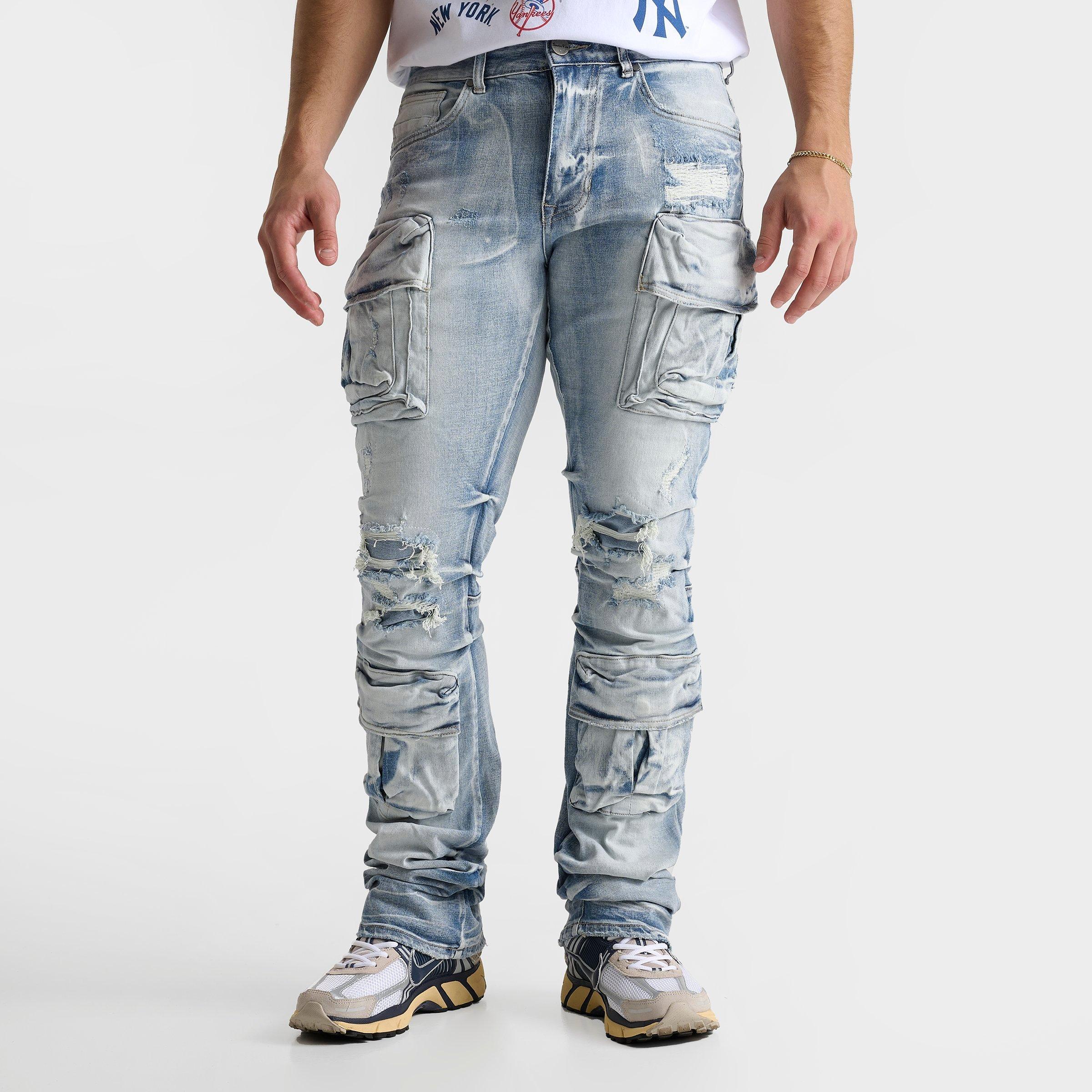 Men's Smoke Rise Distressed Stacked Flare Cargo Denim Jeans