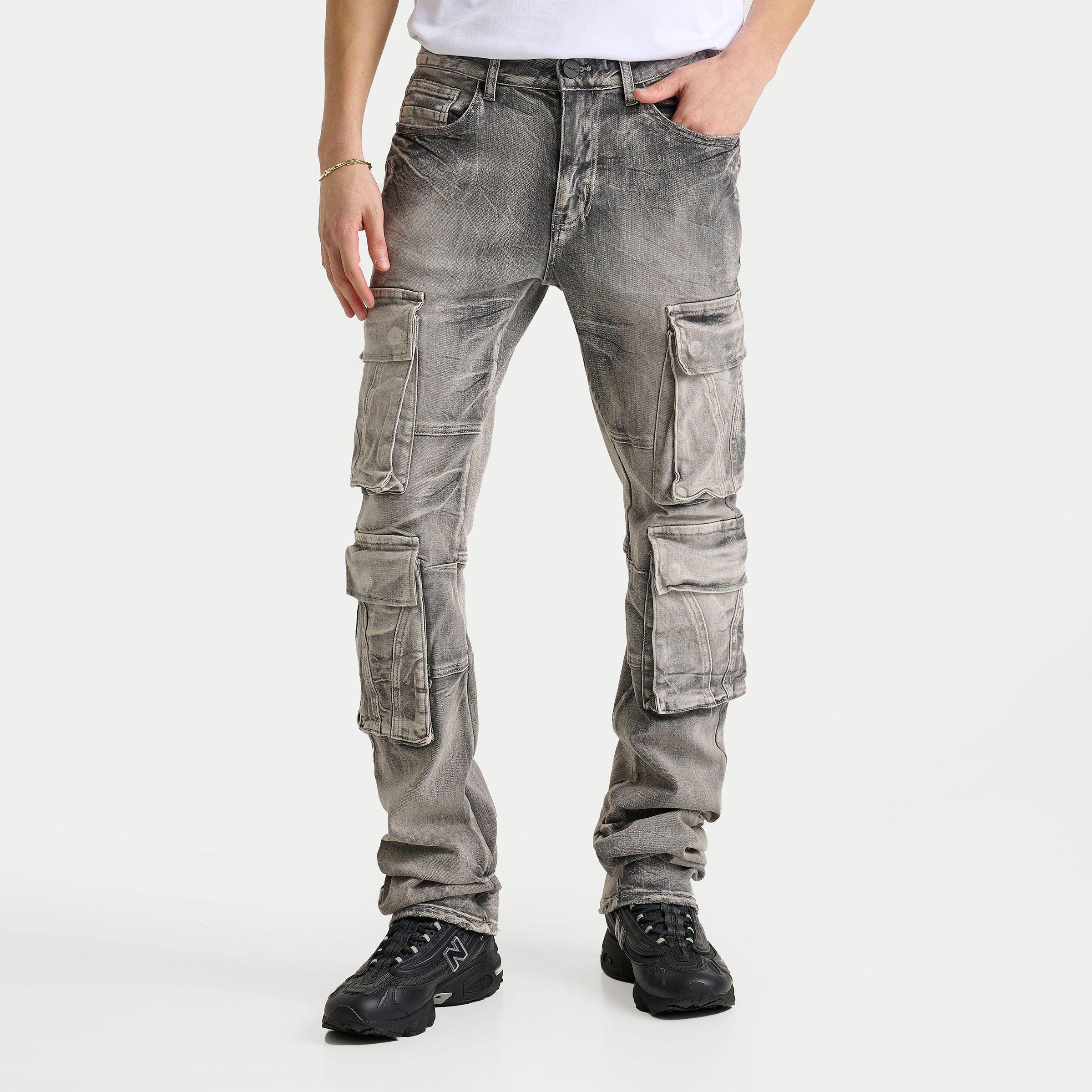 Smoke Rise Men's Stacked Utility Cargo Denim Jeans in Union Grey Size: 30