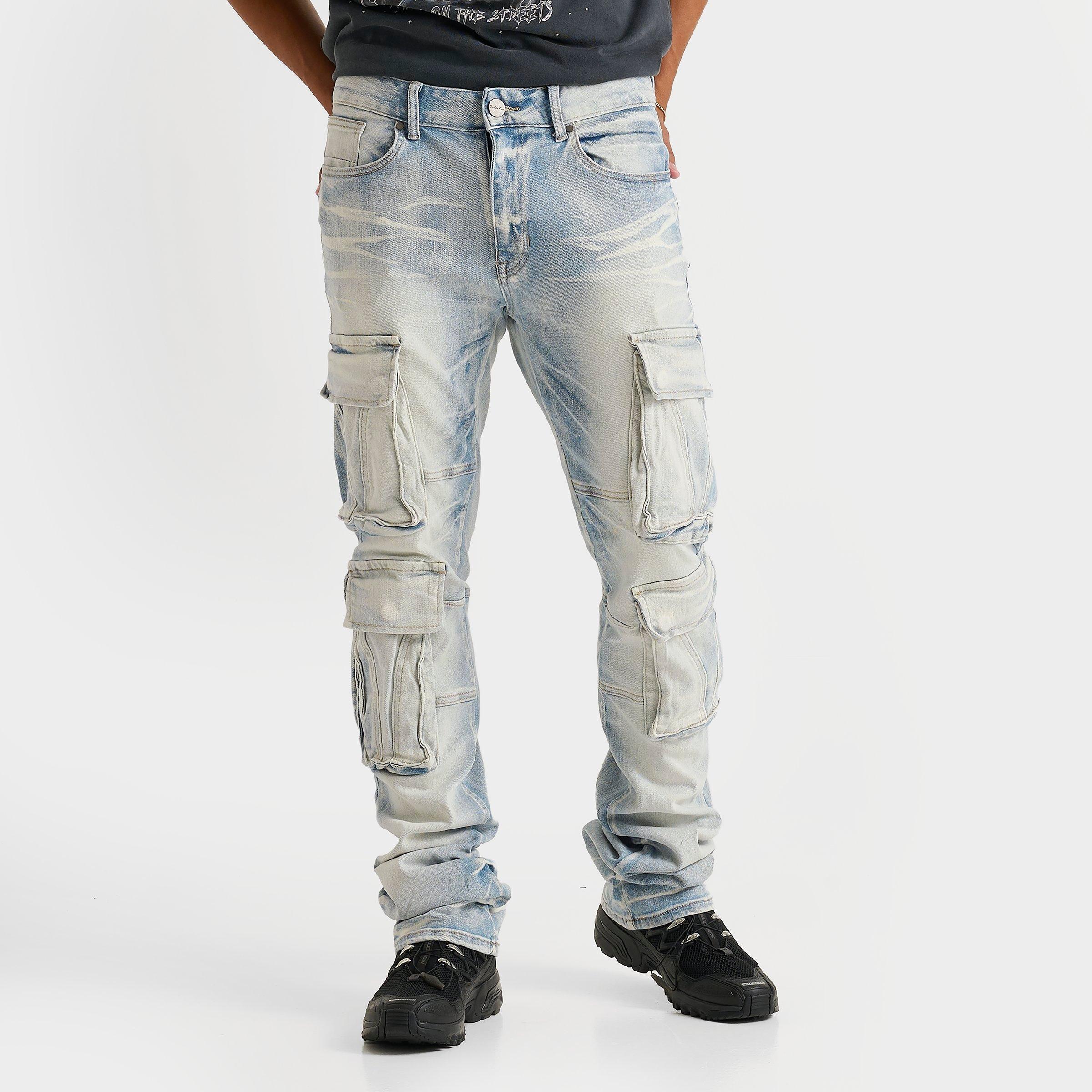 Smoke Rise Men's Stacked Utility Cargo Denim Jeans in Santorini Blue Size: 30