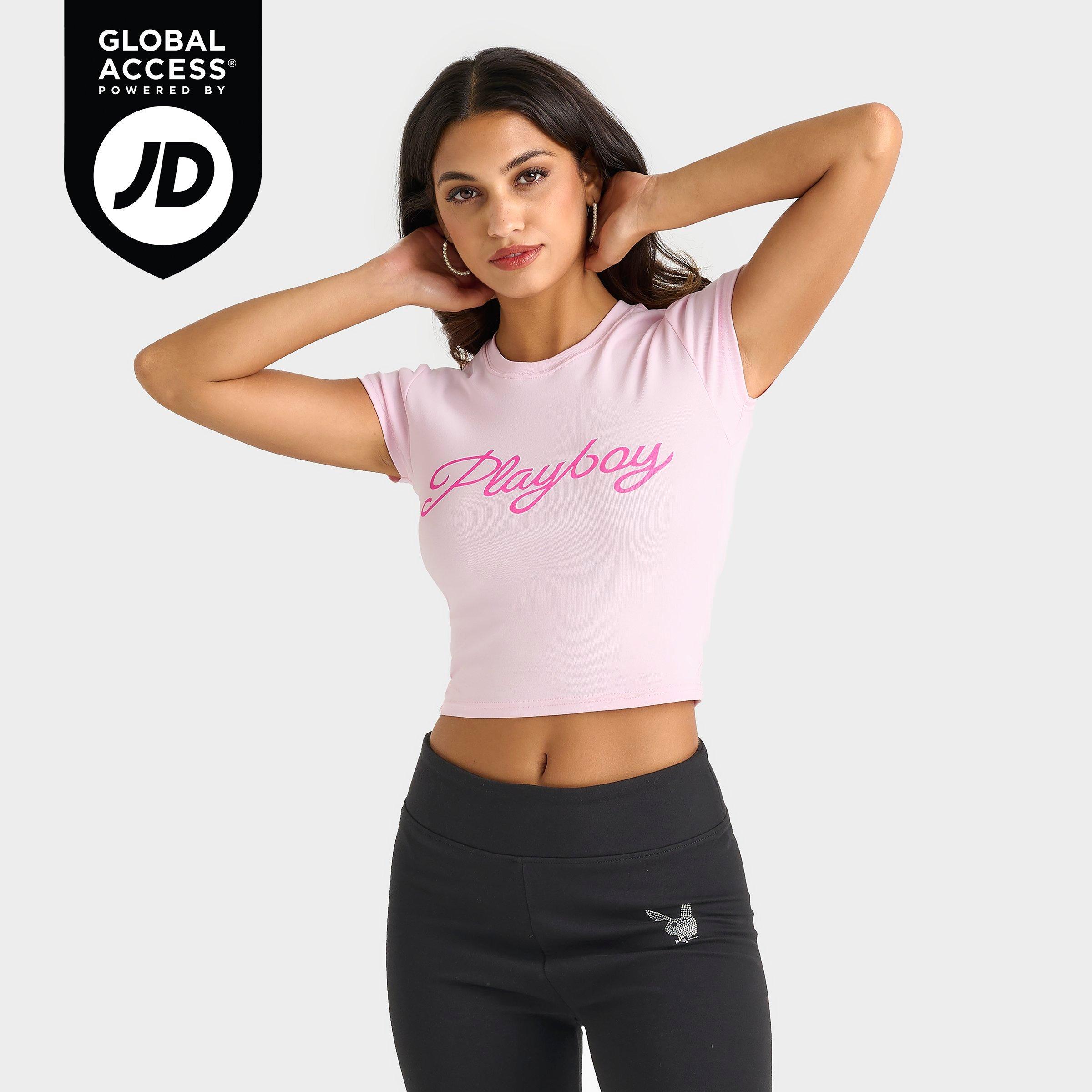 Playboy Women's Script Baby T-Shirt in Pink Size: XS