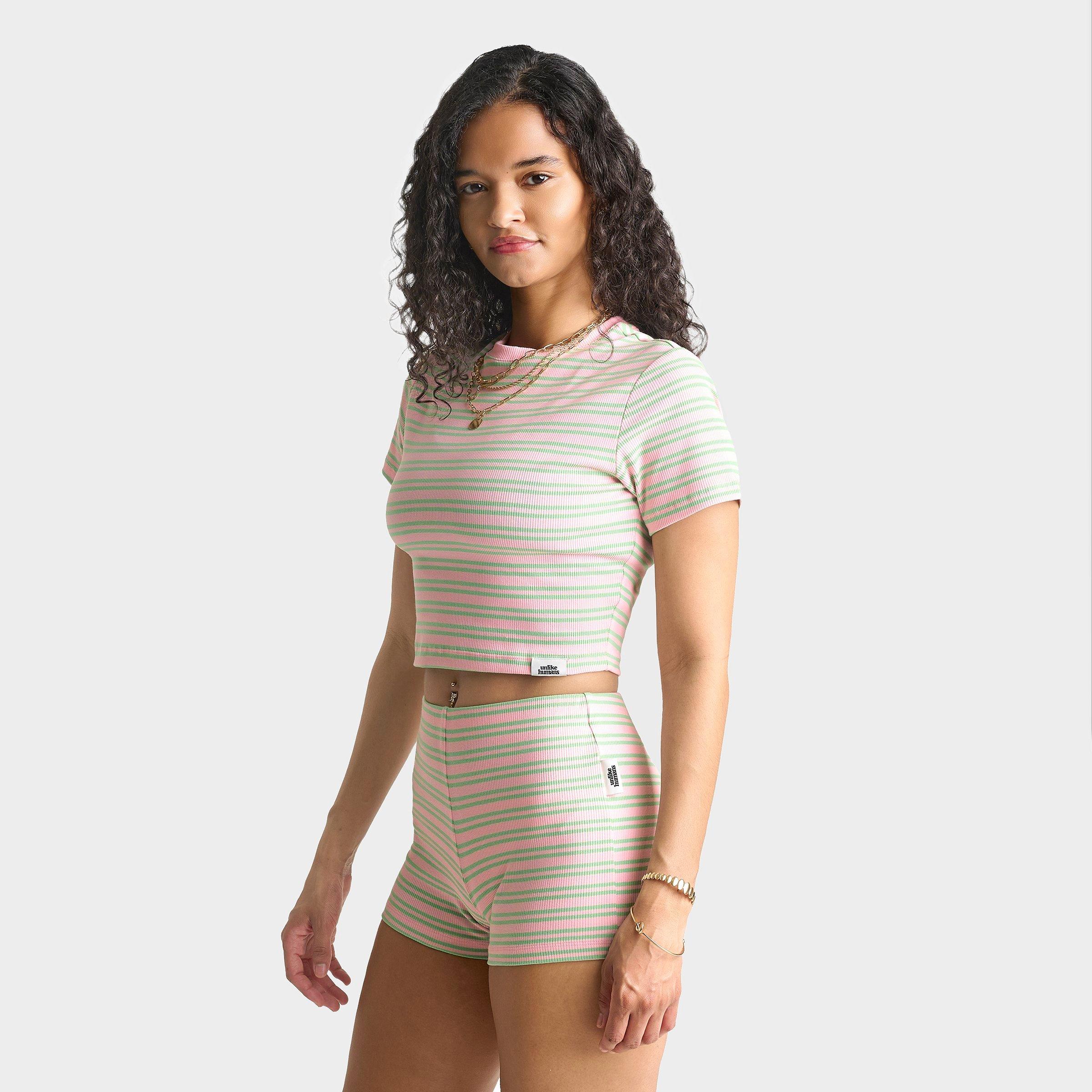 Unlike Humans Women's Ribbed Striped Baby T-Shirt in Pink/Green Size: XL