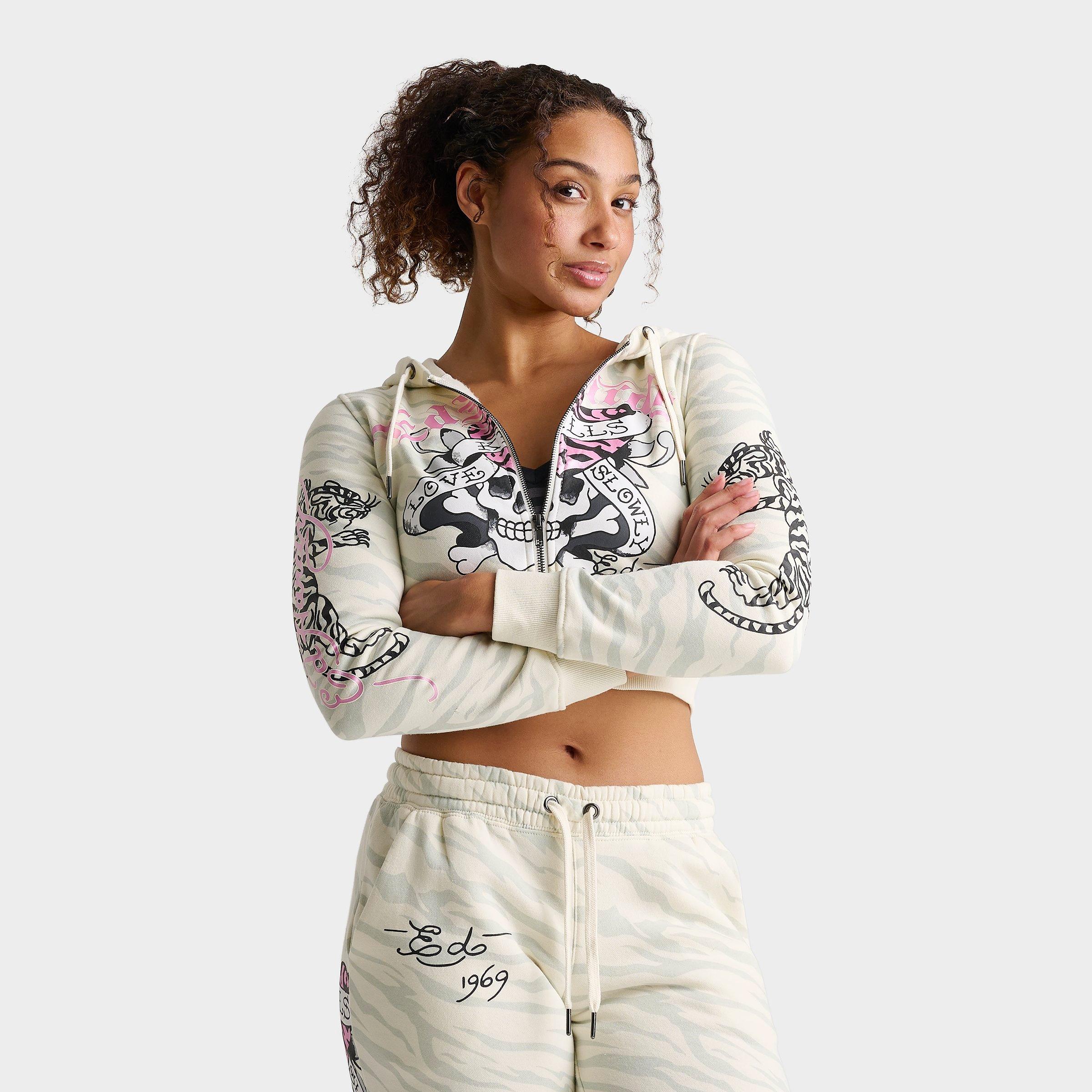 Ed Hardy Women's "Love Kills Slowly" Zebra Skull Fleece Full-Zip Hoodie