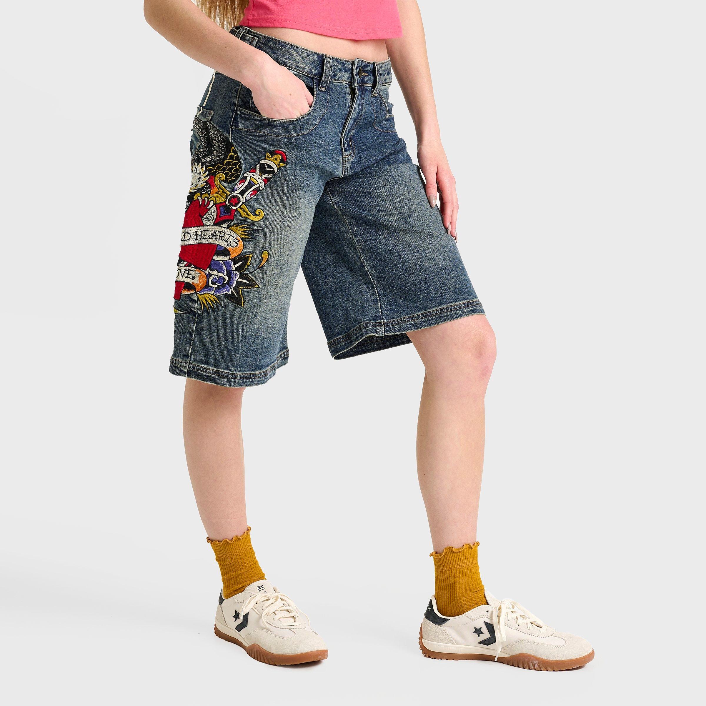 Ed Hardy Women's Sacred Heart Denim Jorts in Medium Tint