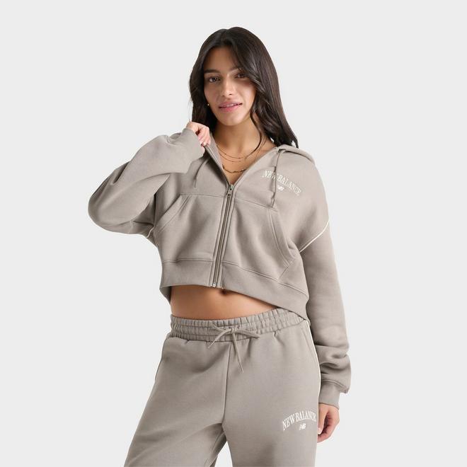 Long Sleeve Oversized Zip Detail Cropped Hoodie In Beige